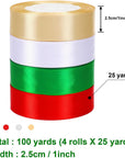 4 Rolls 100 Yards Christmas Ribbons 1Inch Wide Holiday Satin Ribbons Fabric for Gift Wrapping and DIY Craft, Red & Green & Gold &White