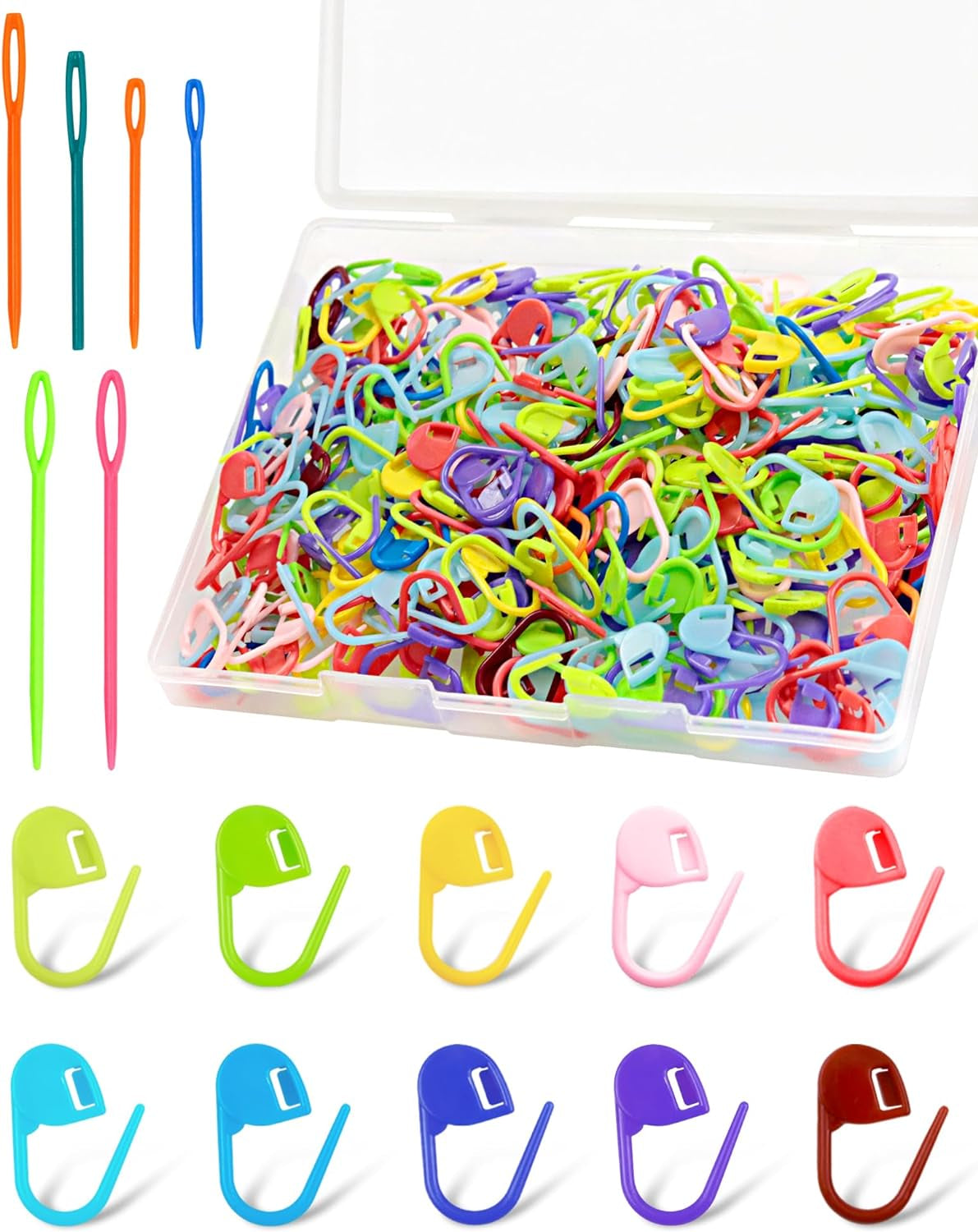 300Pcs  Stitch Markers with 6 Pieces of Large Blunt Sewing Needles,Colorful Knitting Markers,Plastic Crochet Hook Clip,Bulk Crochet Hook Markers for Knitting Stitch Locking Clip Crochet Hooks