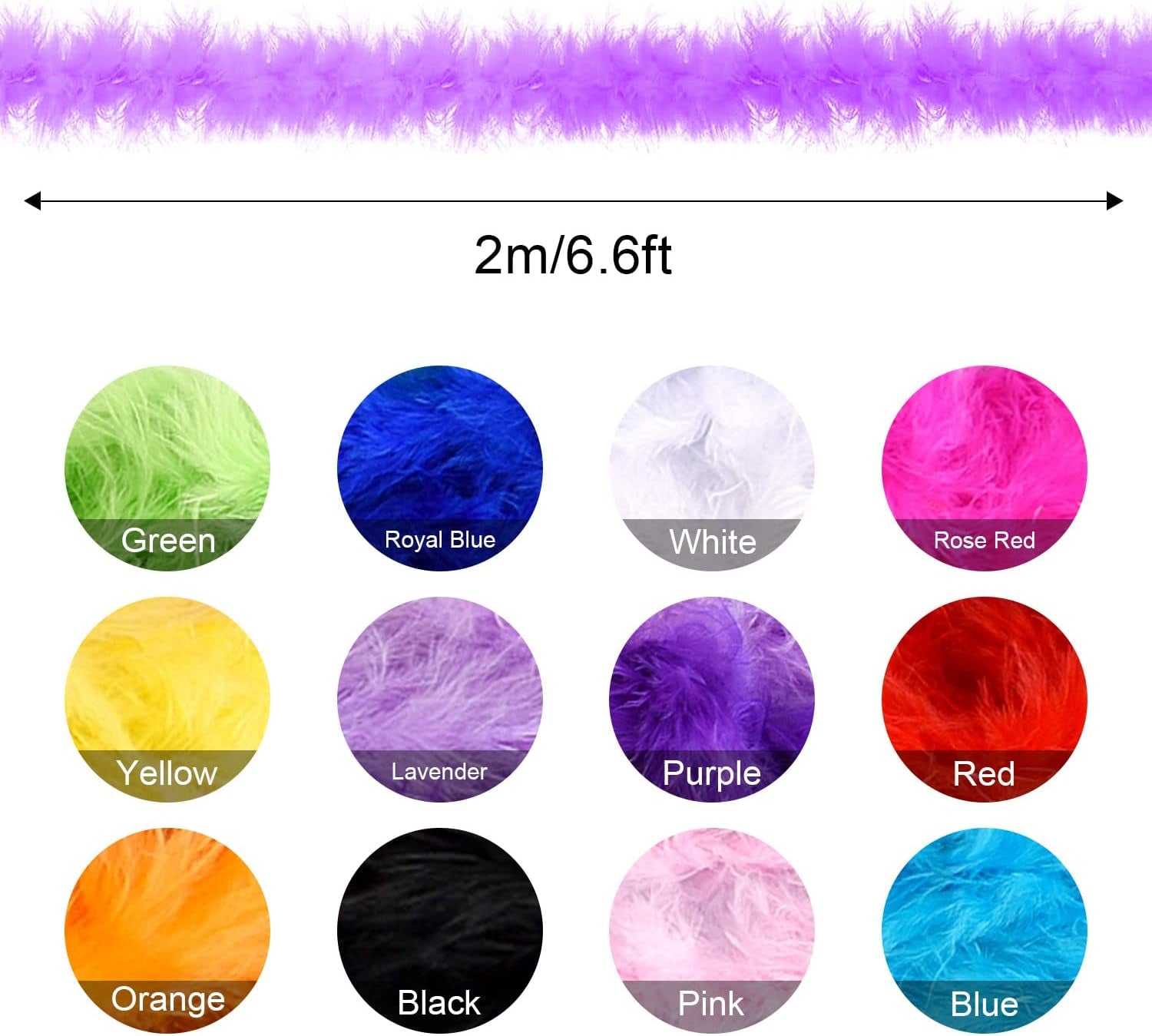 12 Packs 6.6Ft Colorful Feather Boas, Turkey Feathers Boa Rainbow Boa Chandelle Feather Boa Colorful Marabou Feather Boas for Craft Wedding Party Dress up Halloween Costume Decoration