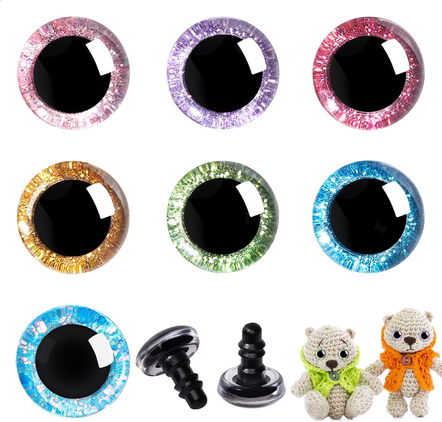 120Pcs 16Mm 3D Glitter Plastic Safety Eyes for Amigurumi Trapezoid Craft Crochet Doll Eyes with Washers Stuffed Animal Eyes for DIY of Puppet, Bear Plush Animal(6 Colors)
