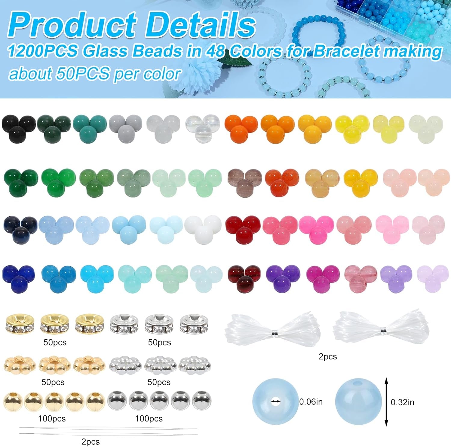 1600 Pcs Glass Beads for Bracelets, 48 Colors Crystal Beads for Jewelry Making 8Mm round Friendship Bracelet Beads for DIY Crafts Holiday Gifts, SKU-037-1