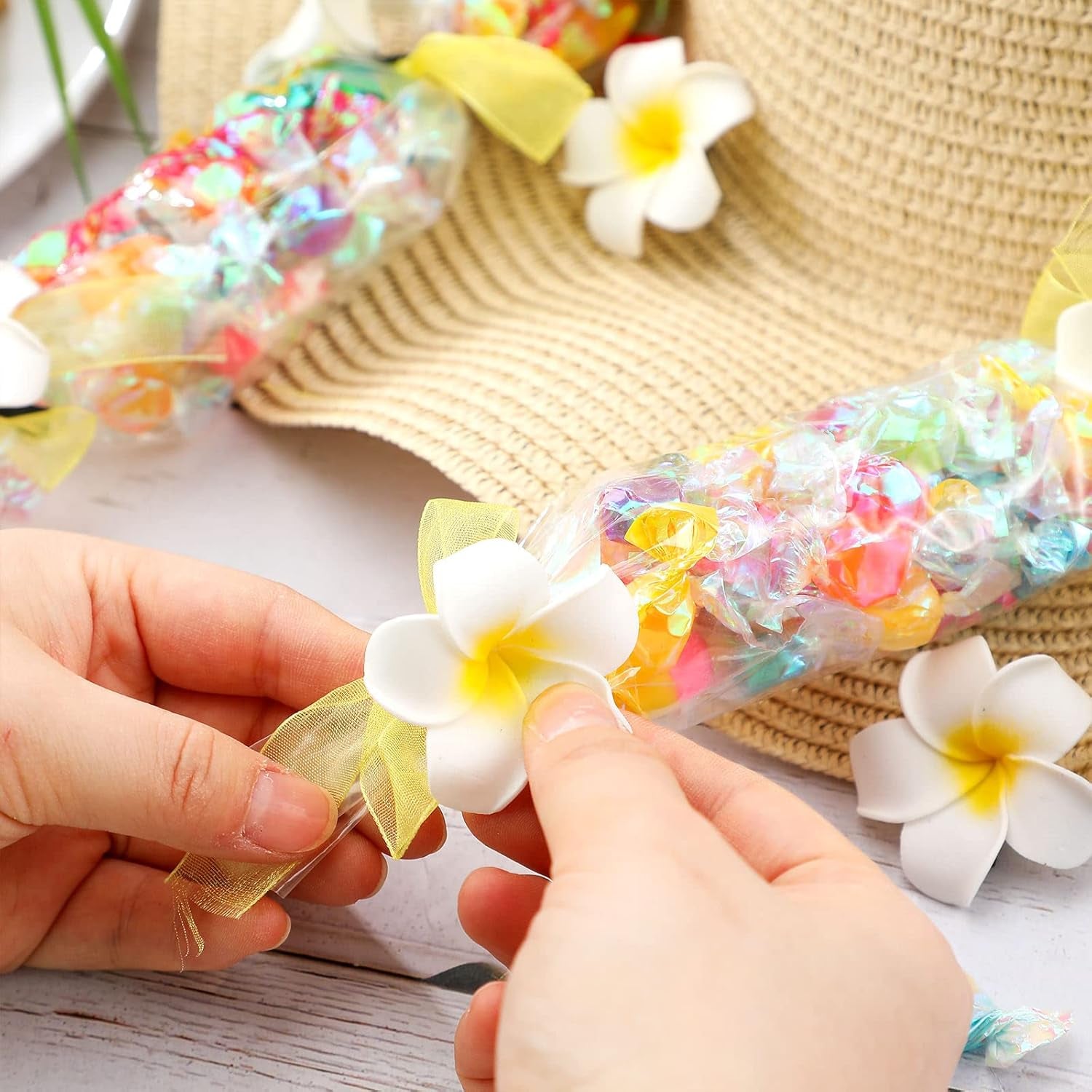 24 Set Graduation Candy Lei Making Kit Class of 2024 Hawaiian Lei Candy Lei Tubing Lei Bags Congrats Grad Lei Long Lei Ribbons Candy Dessert Filler for Party Graduate (Net Flower Style)