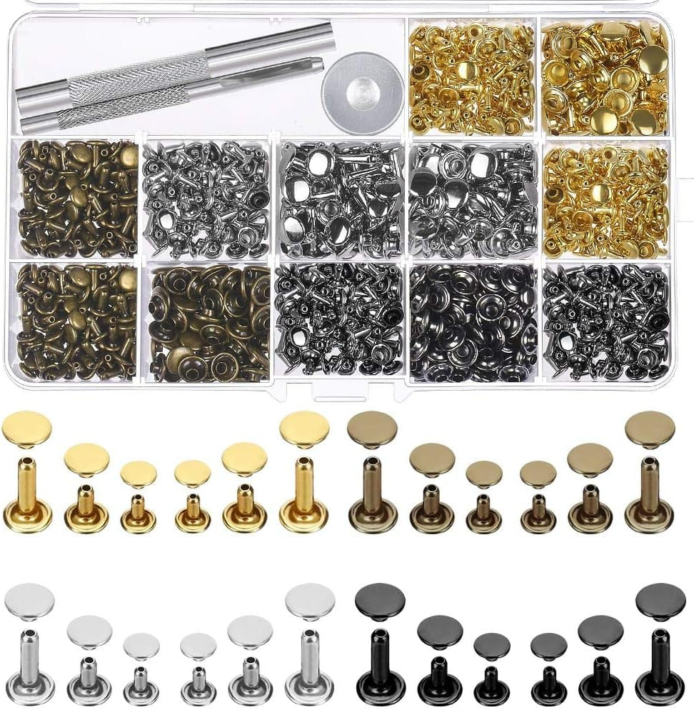 480 Sets 4 Colors 3 Sizes Leather Rivets Double Cap Rivet Tubular Metal Studs with 3 Pieces Setting Tool Kit for Leather Craft Repairs Decoration
