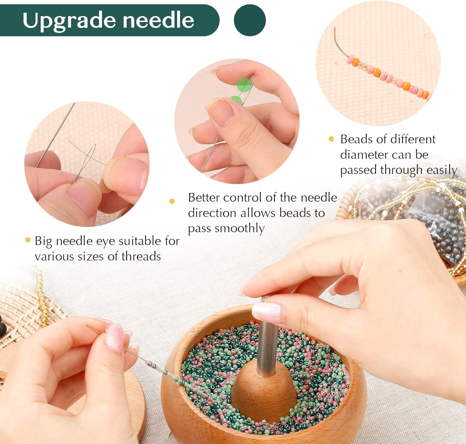Bead Spinner Kit with 5 Quick Changed Bowls, 4.4" Clay Bead Spinner with 15,000 Beads (15 Colors) and 2 Big Eye Needles, Beading Supplies for Jewelry Making