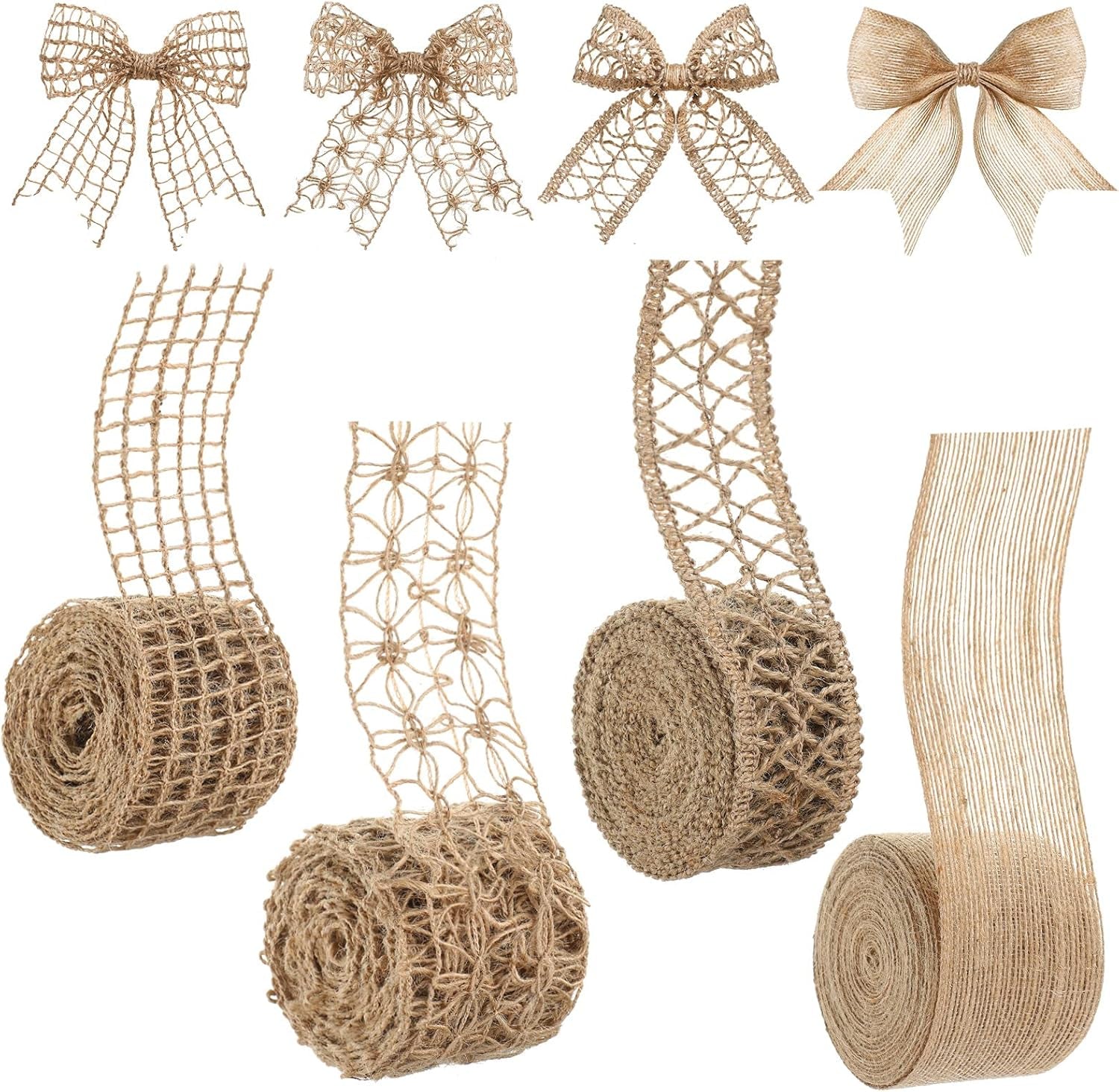 4 Rolls Burlap Ribbon Natural Jute Burlap Lace Ribbon Mesh Burlap Ribbon Weeding Ribbon Trim Craft Wrapping Ribbon for Holiday Party DIY Handmade Artist Home Decor Packaging