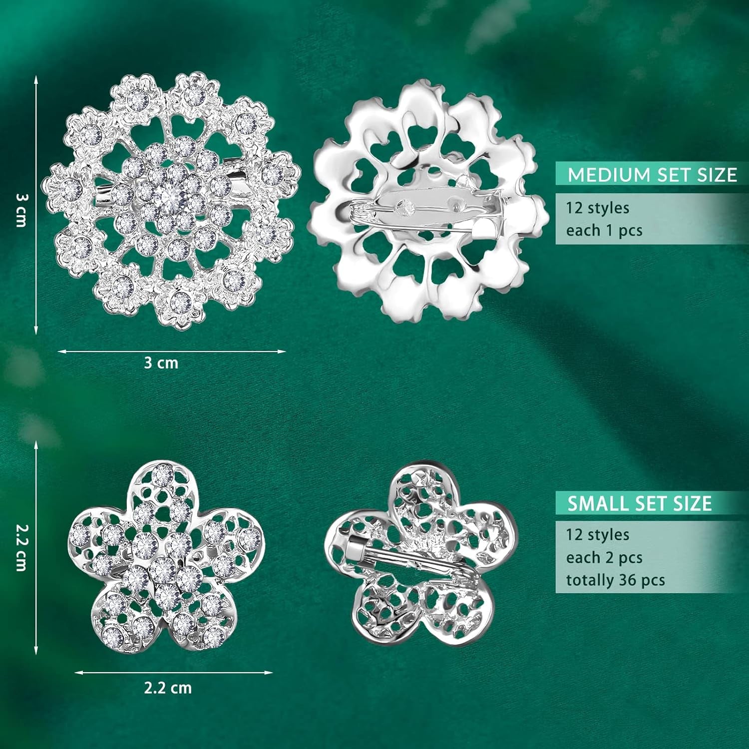 36 Pieces Clear Rhinestone Brooches for Crafts Crystal Flower Brooch Pins with Rhinestones Sliver Bulk Brooches Jewelry for Woman Flower Lapel Badge Pins DIY Wedding Bouquet Broaches Kit