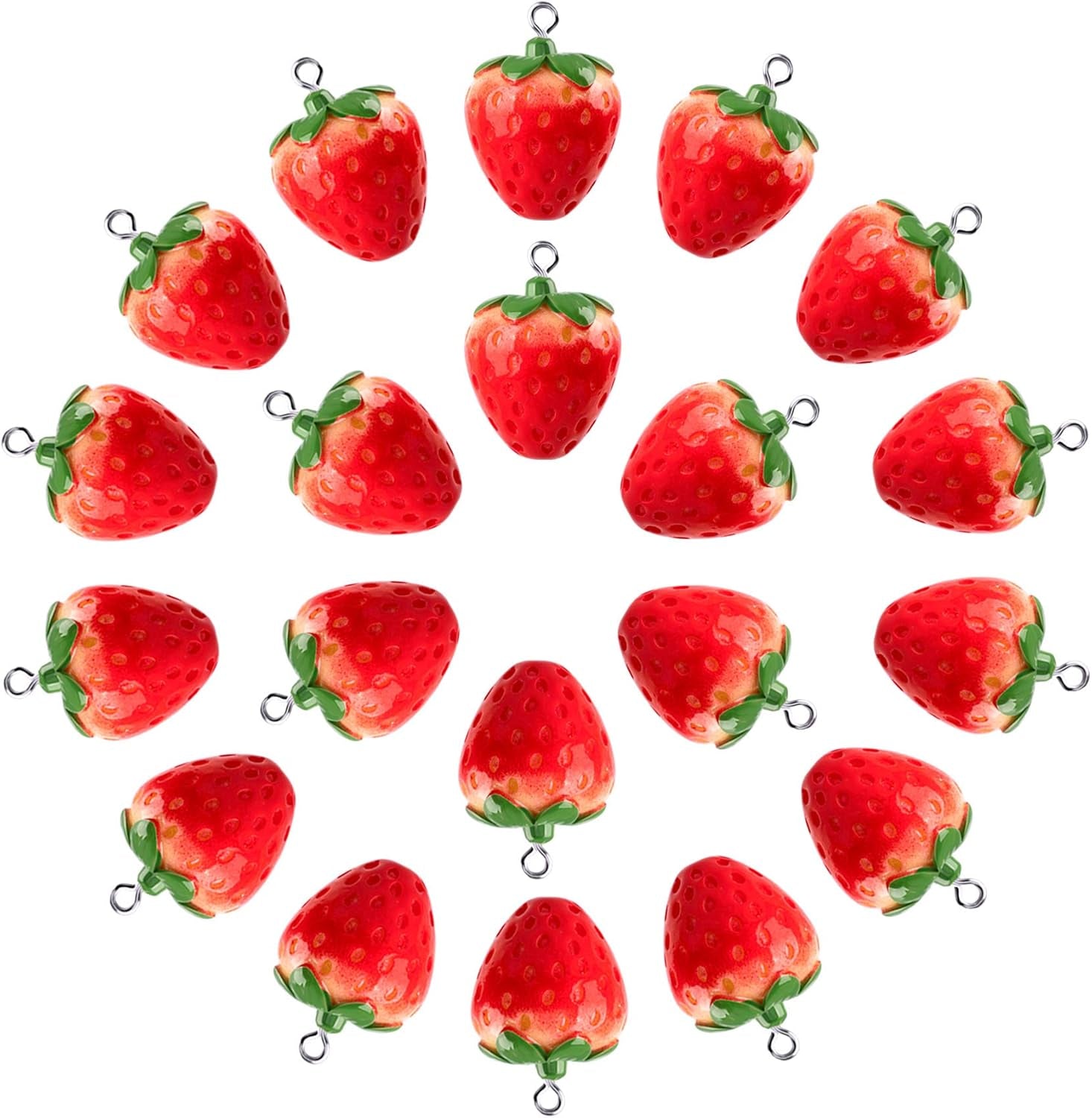 20Pcs 3D Red Strawberry Pendants, Resin Strawberry Beads with Green Leaf DIY Crafts Supplies Decoration Accessories for Jewelry Making Necklaces Earrings