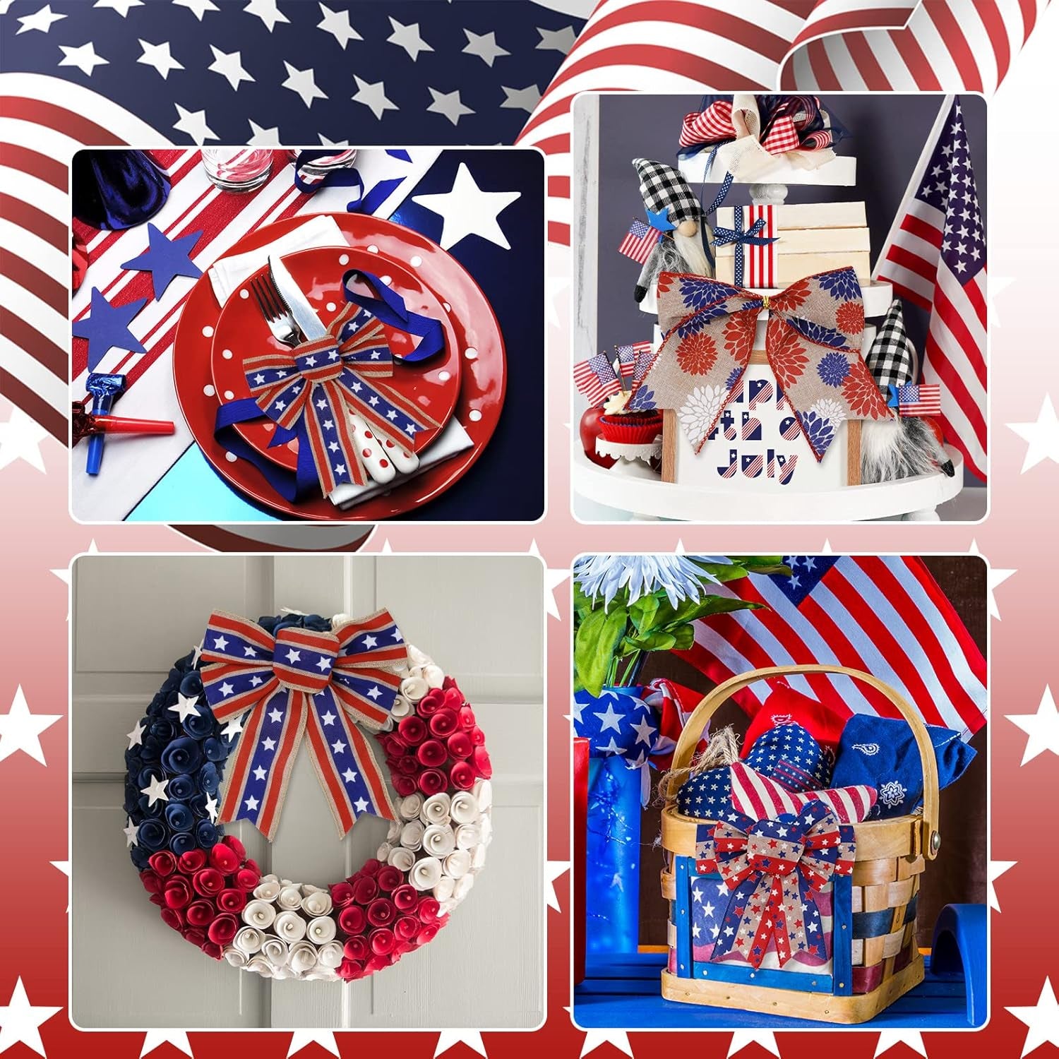 Patriotic Wired Edge Ribbon 36 Yards Red Blue White American Flag Ribbon 2.5 Inch 4Th of July Stars Stripes Fabric Ribbon for Independence Day Memorial Day Wreath DIY Craft, 6 Roll