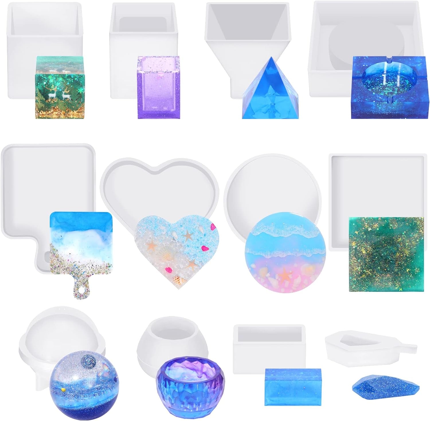 Resin Molds Kit 12PCS, Epoxy Resin Silicone Molds, Resin Mold Including Cube, Pen Container, Pyramid, Ashtray, Tray, Love, Round, Square, Ball, Flowerpot, Cuboid, Crystal