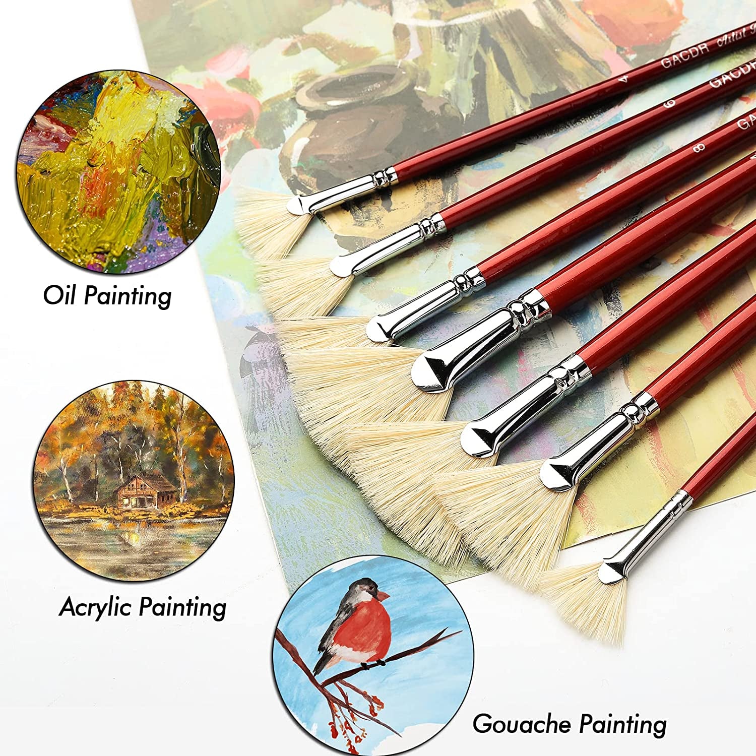 Fan Brush for Painting, 7 Pieces Fan Brush Set with Hog Bristle Natural Hair and Long Wood Handle, Professional Artist Fan Brushes for Acrylic Painting,Oil Watercolor Painting