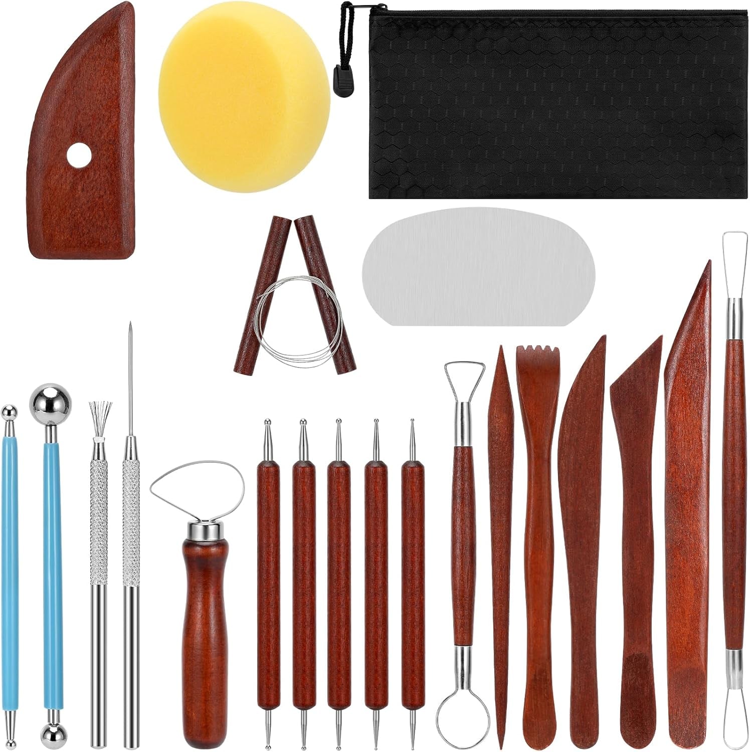 Clay Tools 21 PCS, Pottery Tool Kit Dotting Tools Polymer Clay Tools, Ceramics Tools with Wooden Handle Pottery Tool Bag