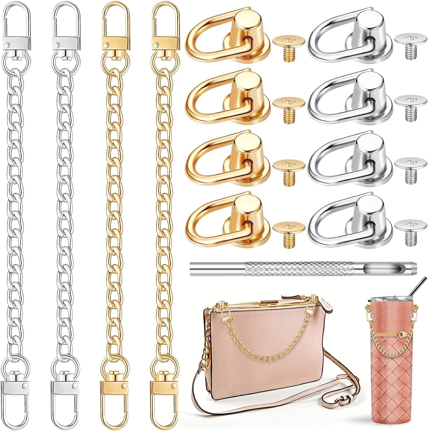 4 Pcs Purse Chain Strap Extender 7.9 Inch Purse Chain and 8 Pcs Studs Rivets D Ring, Flat Purse Strap Extender with Post Head Buttons Bag Making Supplies with Hole Punch for DIY Wallet, Gold, Silver