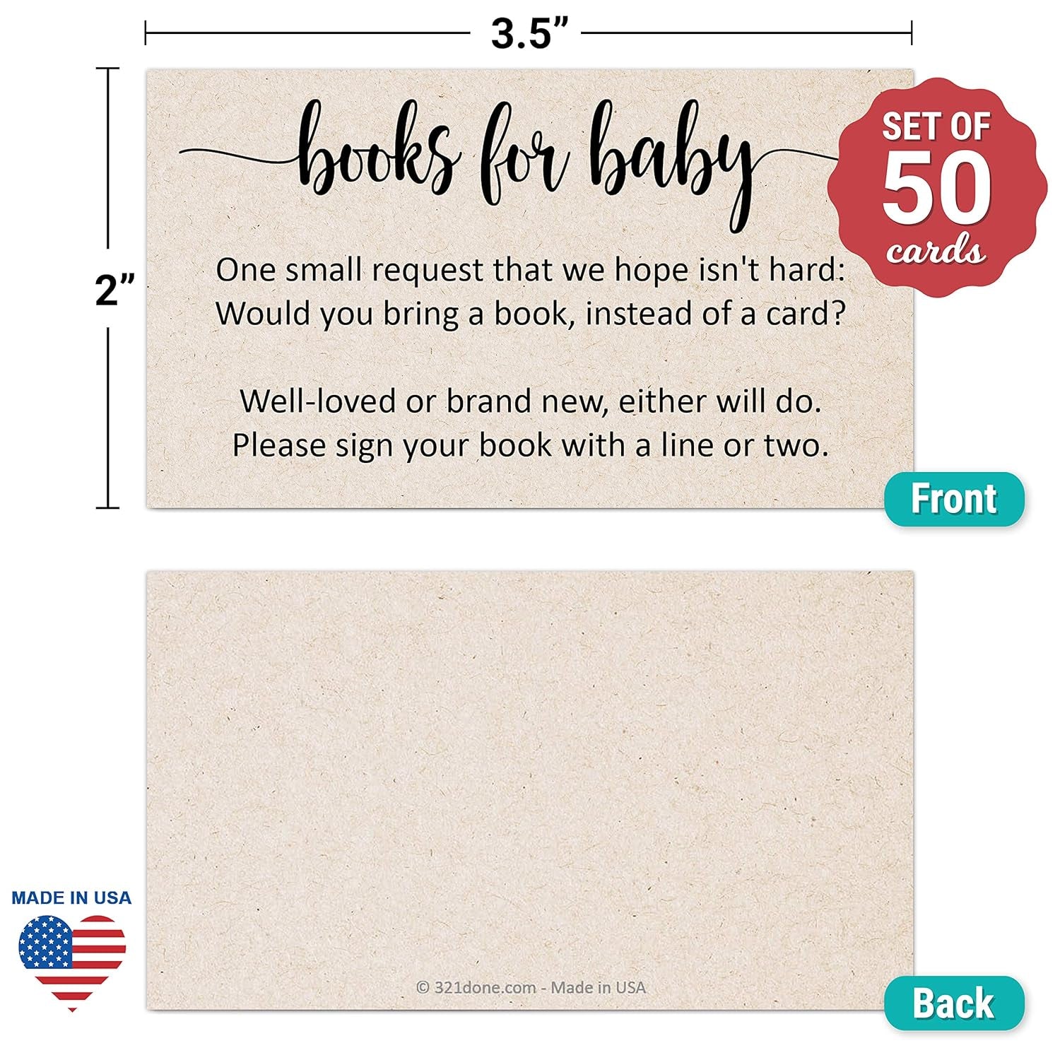 Books for Baby Cards (Set of 50) 3.5 X 2 Baby Shower Insert for Invitations, Business Card Size, Book Instead of Card Request Gift, Small Rustic Kraft Tan - Made in USA