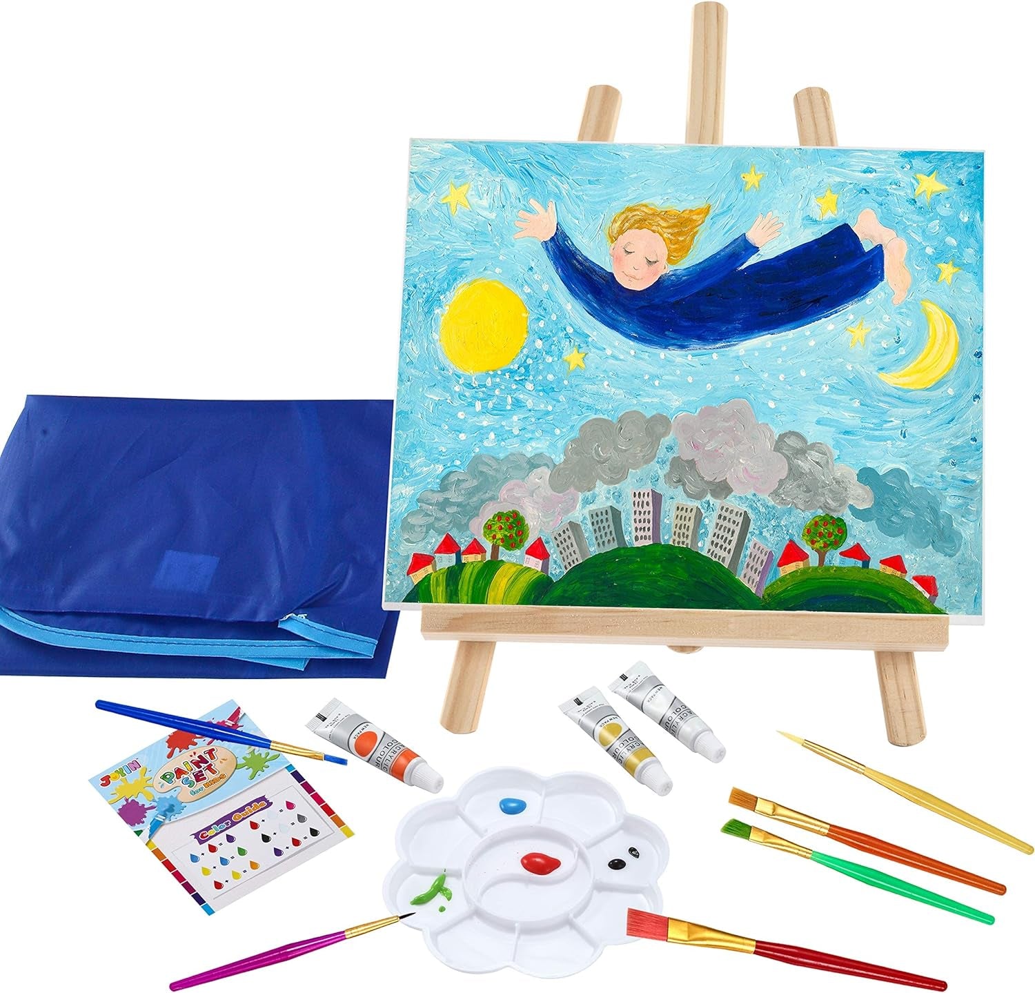 48 Pieces Art Painting Supplies for Toddlers and Kids with 12 Paint Brushes, 10 Painting Canvas, 2 Tabletop Easels, 2 Art Smocks, 18 Acrylic Painting Colors, Paint Palettes, Presents for Kids