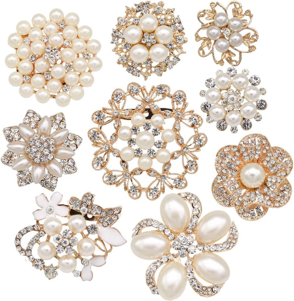 Lot 9Pcs Rose Gold-Tone Rhinestone Brooches, Big Pearl Crystal Wedding Bouquet Kit Set