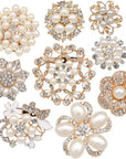 Lot 9Pcs Rose Gold-Tone Rhinestone Brooches, Big Pearl Crystal Wedding Bouquet Kit Set