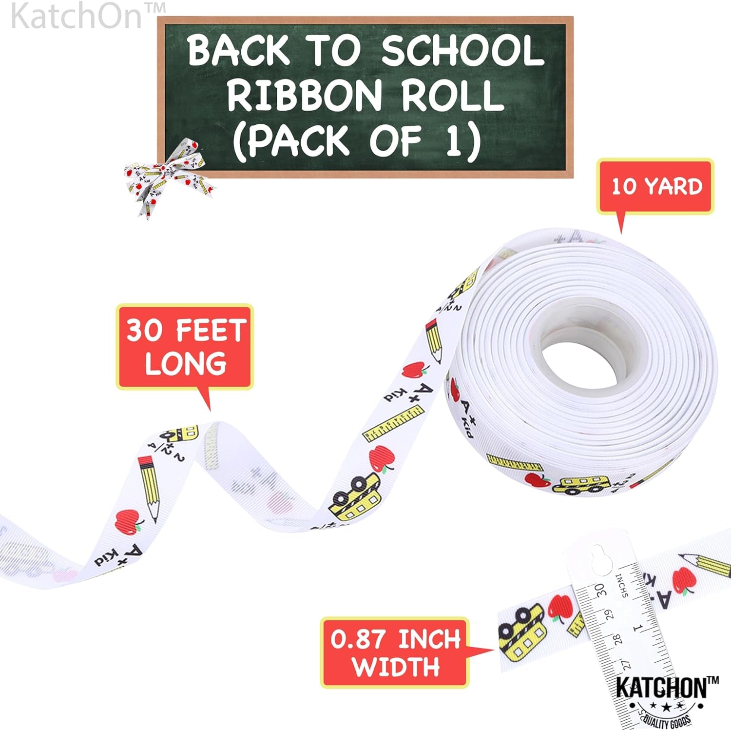 , Back to School Ribbon for Crafts - 10 Yard | School Themed Ribbon for Back to School Decorations | Teacher Ribbon for Crafts | Pencil Ribbon, Apples Ribbon for First Day of School Decorations