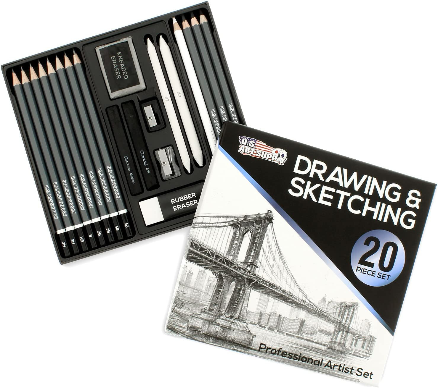 20 Piece Professional Hi-Quality Artist Sketch Set in Hard Storage Case - Sketch & Charcoal Pencils, Pastel, Stumps, Eraser, Sharpeners