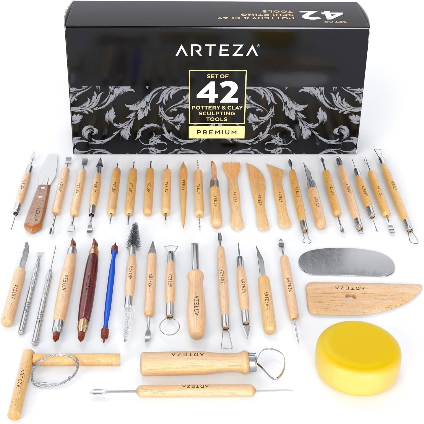 Pottery &amp; Polymer Clay Tools, 42-Piece Sculpting Set, Steel Tip Pottery Tools with Wooden Handles, Craft Kit for Pottery Modeling, Carving
