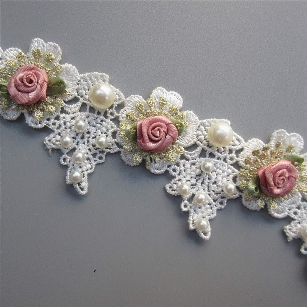 1 Yard Vintage Gold Pearl Rose Flowers Embroidered Lace Trim Fabric Floral Appliques Lace Ribbon Bridal Ornaments Handmade DIY Sewing Supplies Craft for Costume Hat Decoration 1.96" Wide