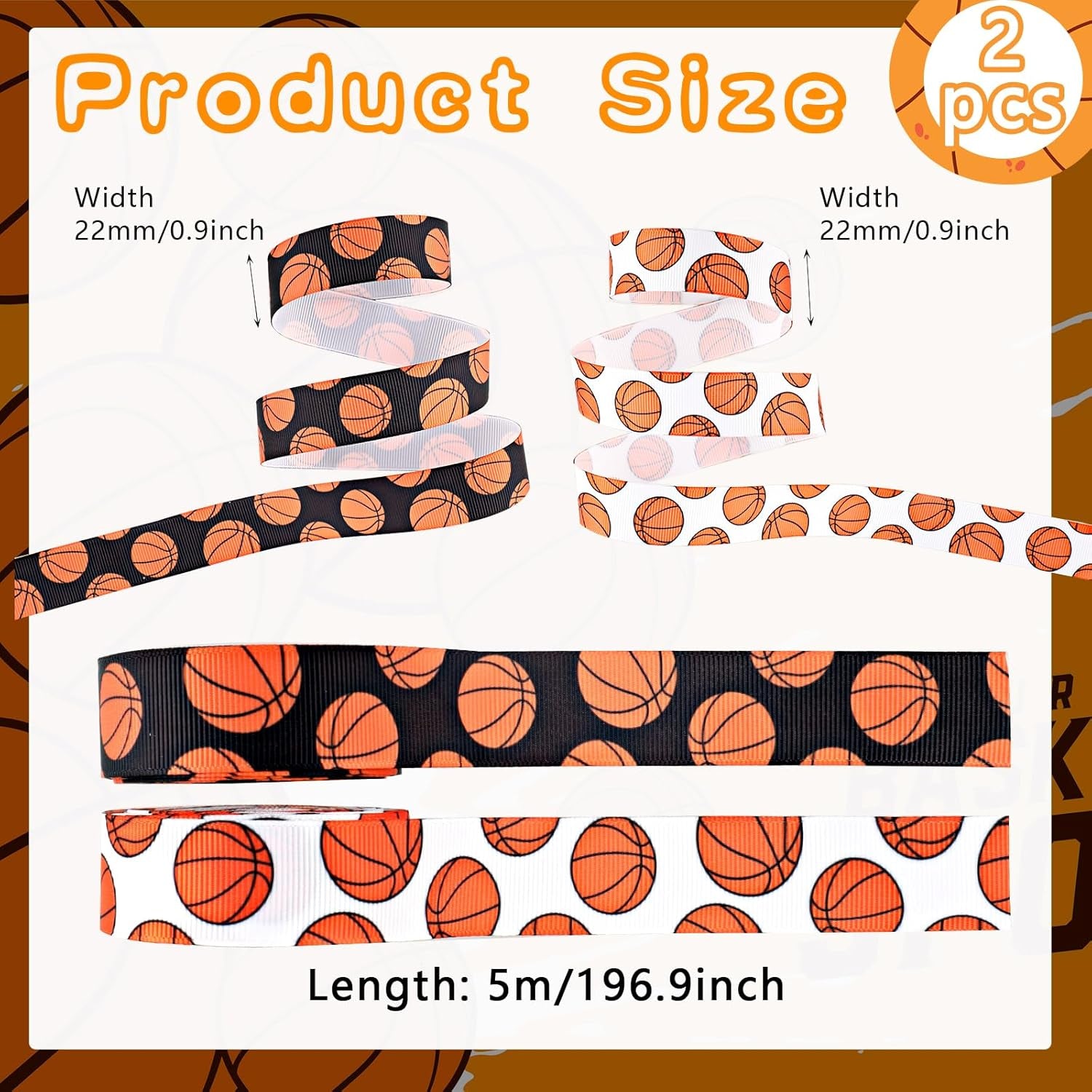 2 Rolls 10 Yards Basketball Ribbon, Basketball Grosgrain Ribbon Cheer Ribbon Pattern Wrapping Ribbon Softball Ribbon for Crafts Cheer Bows Team Uniform Sewing and More
