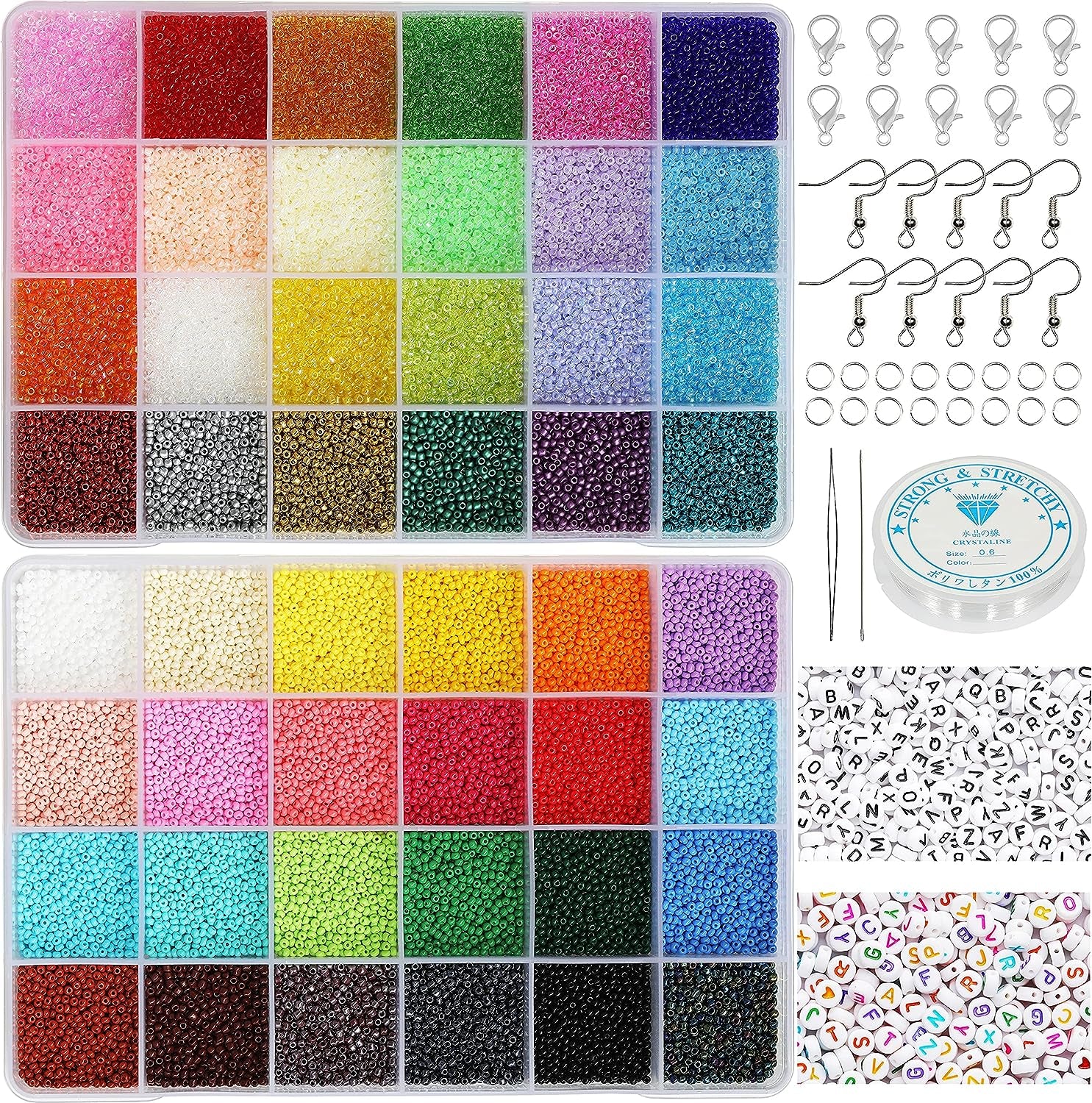 Total 48000Pcs Size 2Mm Seed Beads for Jewelry Making,12/0 Tiny Craft Beading Kit Set,260Pcs Letter Alphabet Beads with Elastic String,Earring Hooks and Claw Clasps