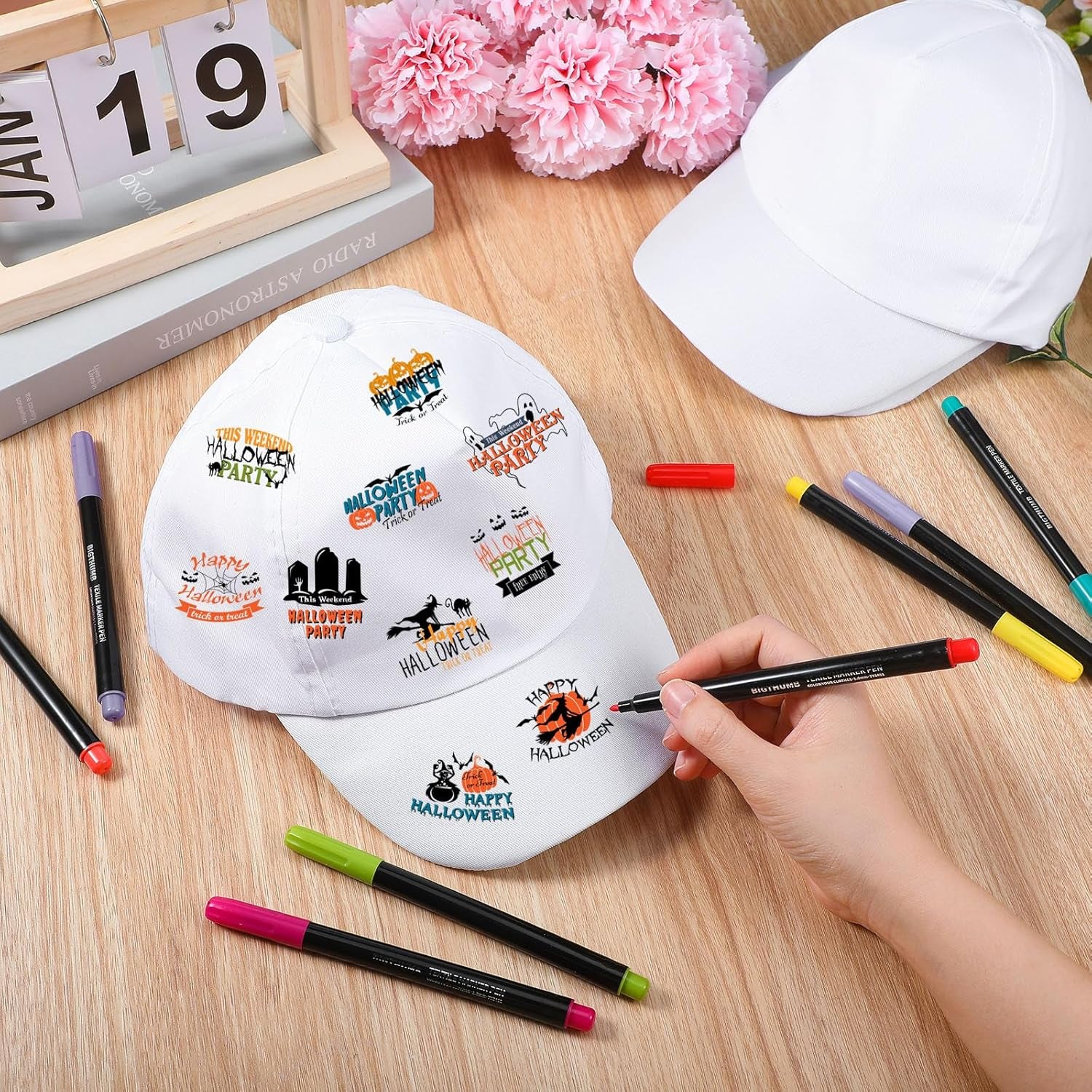 16 Pieces Halloween White DIY Hats with 24 Colors Fabric Markers Pen Bulk for Halloween Supplies