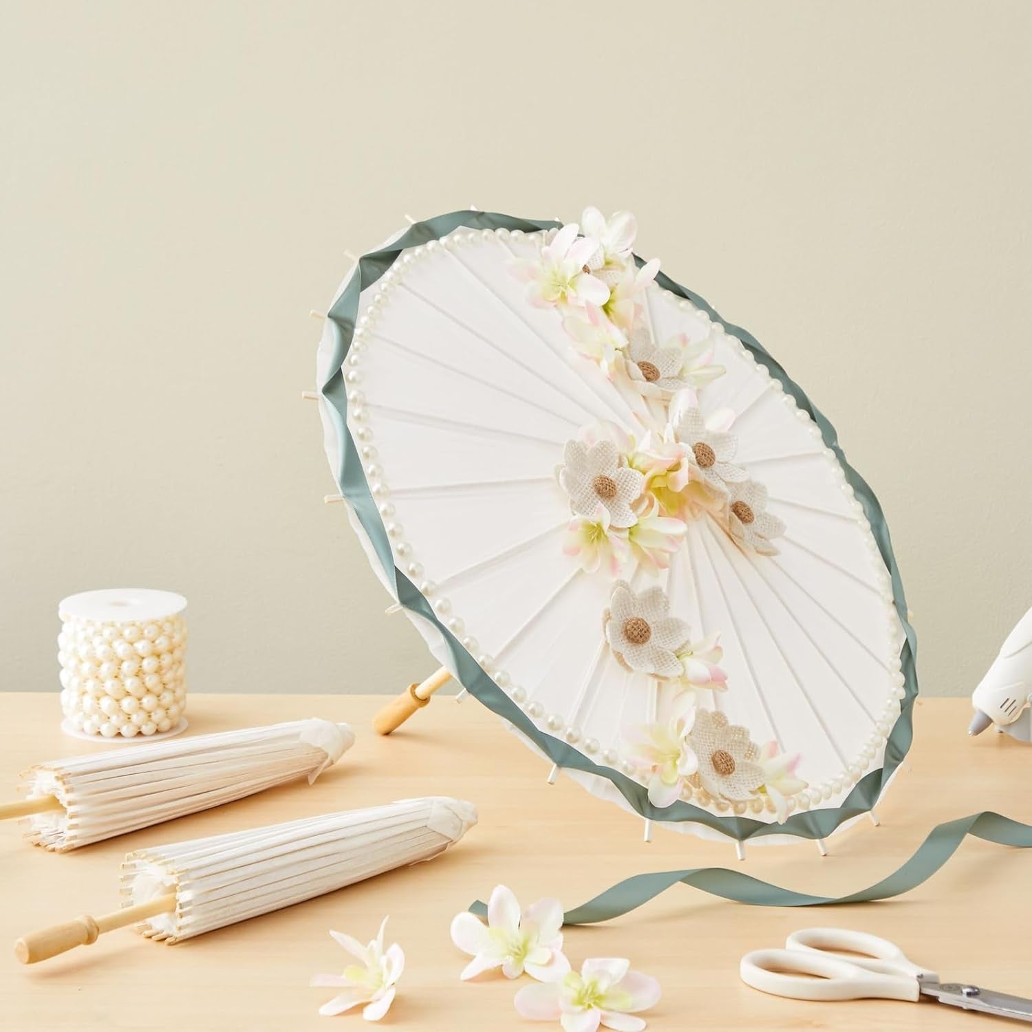 6-Pack Parasol Paper Umbrellas for Decorations for Kids, Cocktail Party Decor, DIY, Arts and Crafts Projects, Sun Parasols for Plants, Photo Props (Small, White, 16 In)