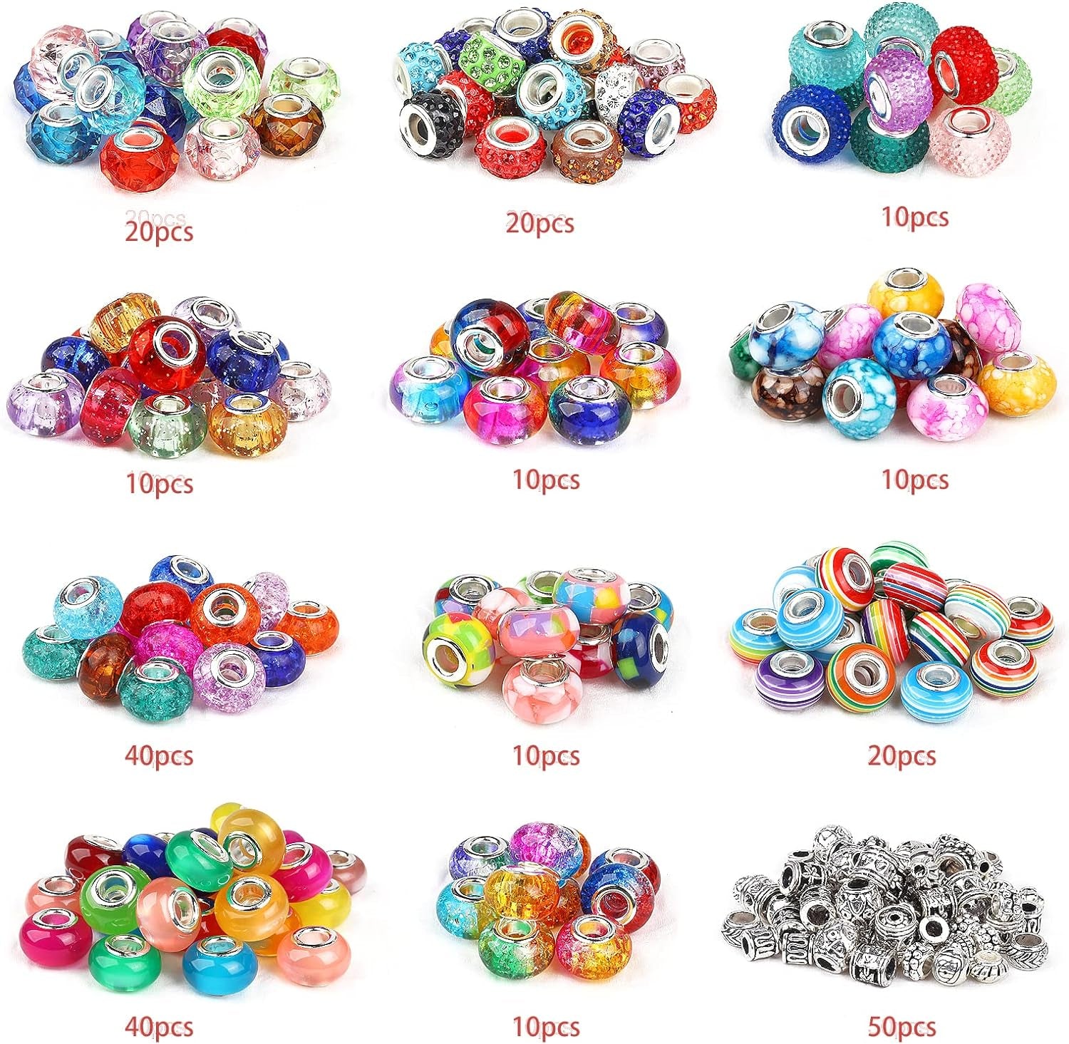 250Pcs Large Hole Beads for Jewelry Making,  200Pcs European Bulk Glass Rhinestones Lampwork with 50+Pcs Silver Spacer DIY Craft Bracelet Necklace Earring Making