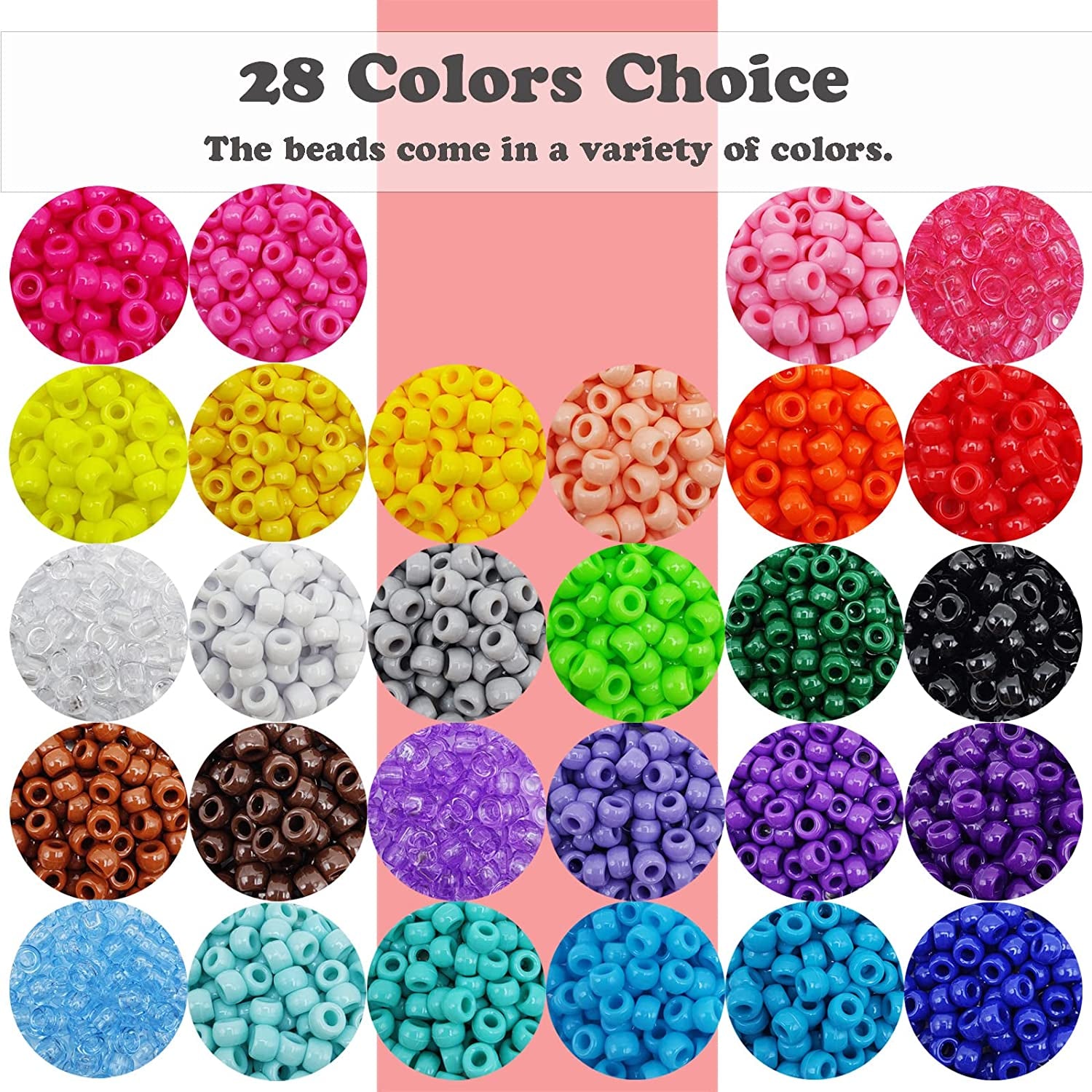 Pony Beads, 4200Pcs 28 Colors Plastic Beads for Craft Bracelets Making, Hair Beads for Braids, Colored Beads for DIY Projects - Individually Wrapped (6X9Mm)
