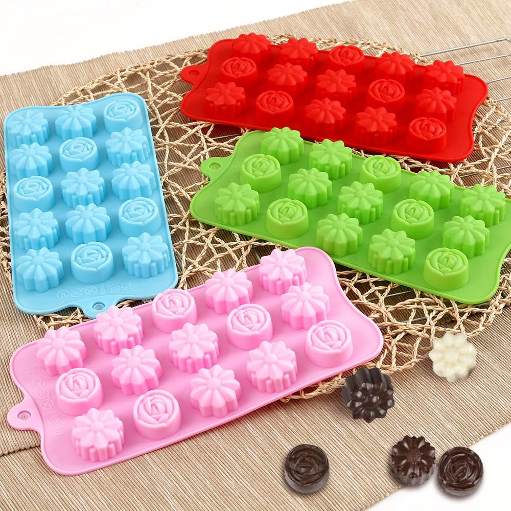 Flower Shape Silicone Molds, 4 Packs 15 Cavity Nonstick Food Grade Silicone Molds DIY for Chocolates, Candies, Ice Cubes, Jellos, Handmade Soap, and Bath Bombs