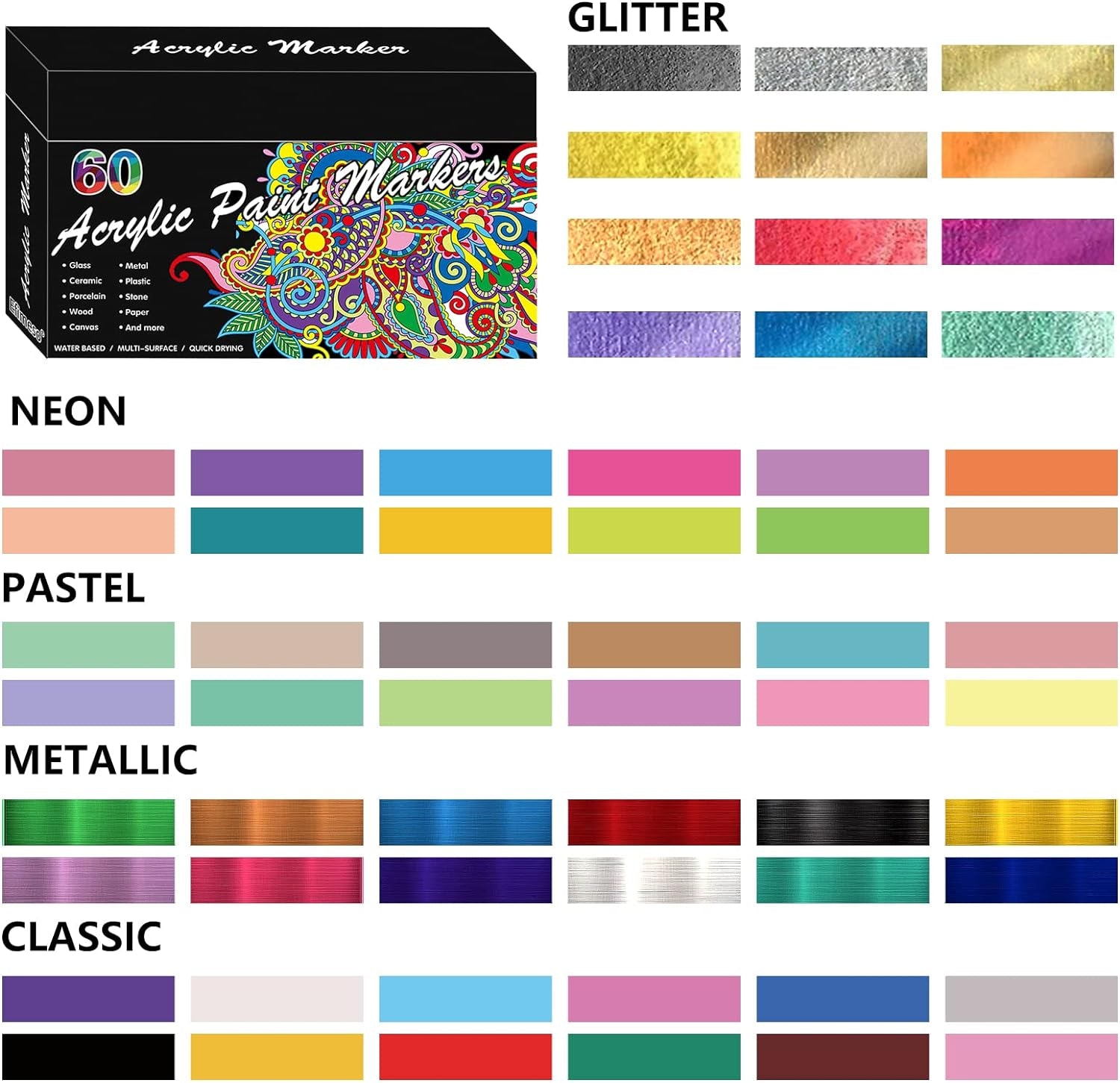 Acrylic Paint Pens, 60 Colors Acrylic Paint Marker, 0.7Mm Extra Fine Paint Pens for Canvas, Rock Painting, Wood, Glass, Metal, Ceramic, Stone