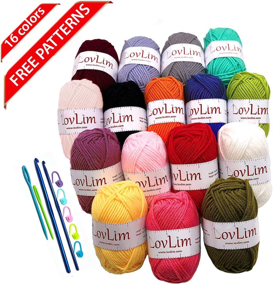 Crochet Yarn Kit, 16 Soft Cotton Yarn Skeins,1000+ Yards, for Crochet and Knitting, Free Crochet/Amigurumi Patterns, Craft DK Yarn Perfect Starter Kit