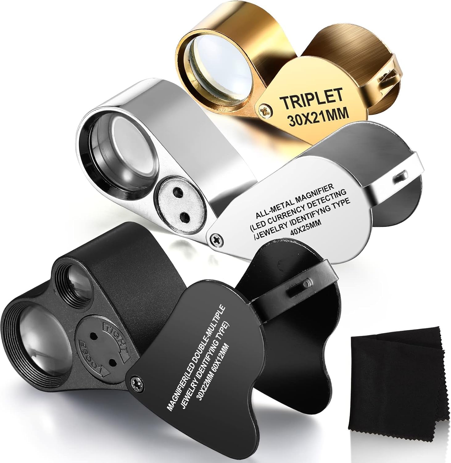3 Pieces Magnifying Glass 30X 40X 60X Jewelers Loupe Illuminated Jewelers Eye Loupe Foldable Loupe Magnifier with Light Diamond Magnifying Glass for Gems Jewelry Coins Stamps Watches