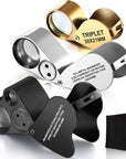 3 Pieces Magnifying Glass 30X 40X 60X Jewelers Loupe Illuminated Jewelers Eye Loupe Foldable Loupe Magnifier with Light Diamond Magnifying Glass for Gems Jewelry Coins Stamps Watches