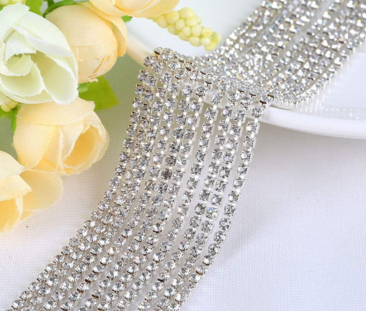 11 Yards 2Mm Silver Crystal Rhinestone Close Chain Single Row Trimming Claw Chain Jewelry Crafts DIY (Silver)