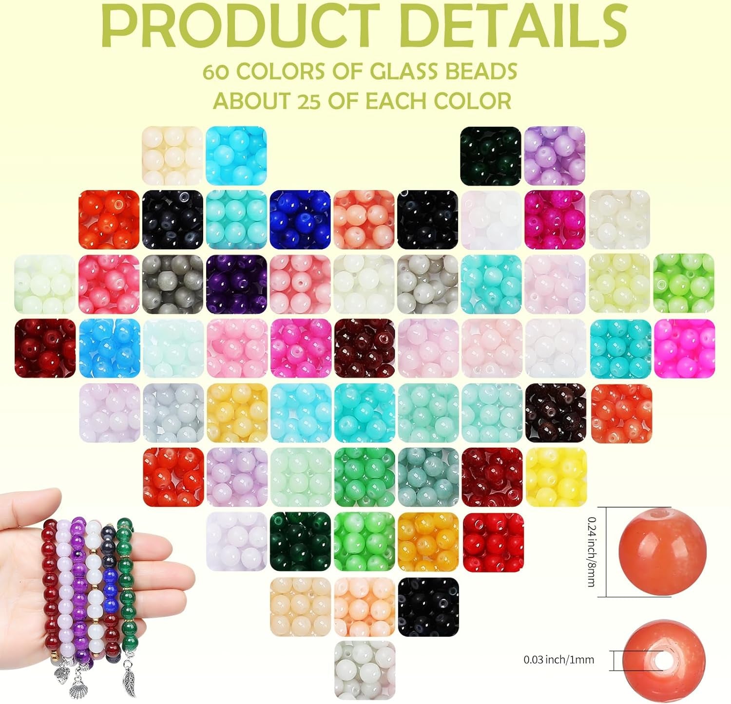 2005PCS 60 Colors Glass Beads for Jewelry Making 8Mm Glass Beads for Bracelets round Beads Bracelet Making Kit for DIY Crafts Gifts Suitable for Women Adults Birthday Party