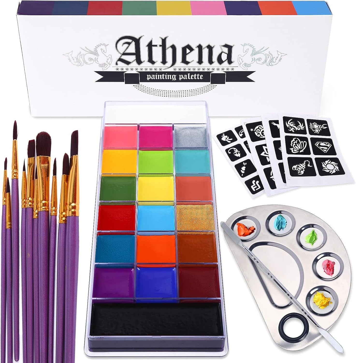 Athena Face Body Paint Oil Palette, Professional Flash Non Toxic Safe Tattoo Halloween FX Party Artist Fancy Makeup Painting Kit for Kids and Adult