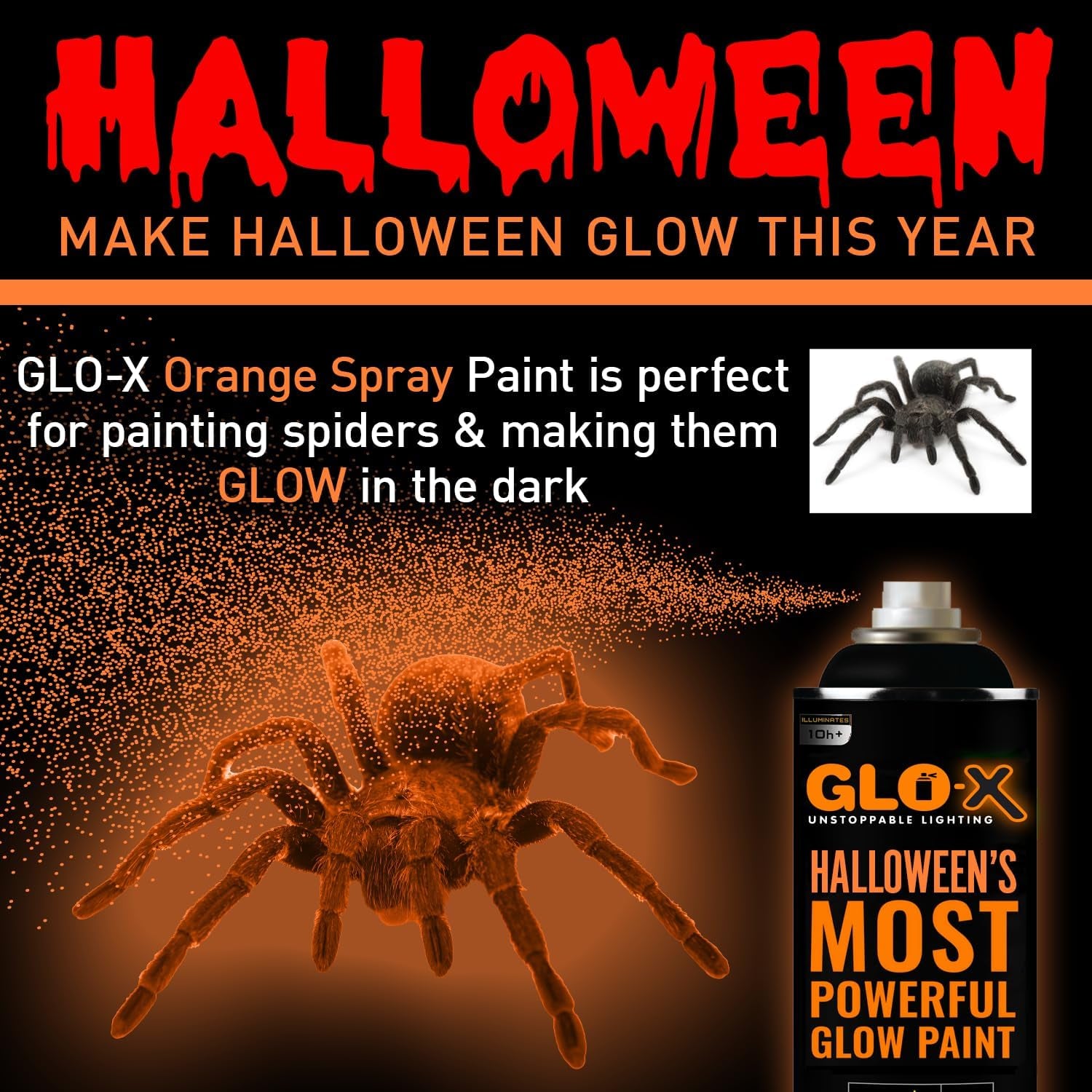 Orange Halloween Glow in the Dark Spray Paint - Make Indoor and Outdoor Halloween Decorations Glow Neon Fluorescent in the Dark - Metal Plastic Fabric