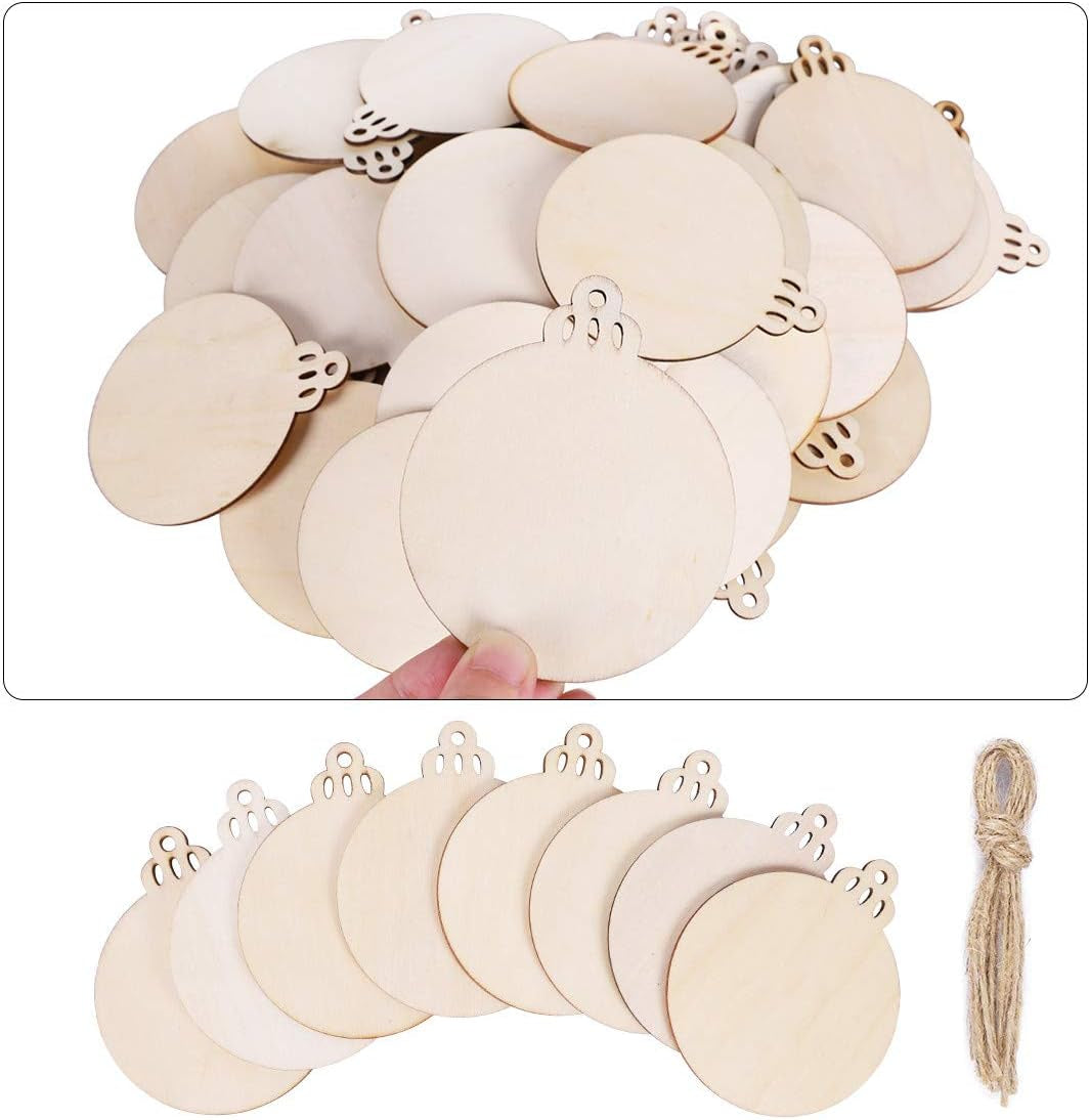 60PCS 3.5" DIY Wooden Christmas Ornaments Unfinished Predrilled Wood Slices Circles for Crafts round Centerpieces Discs Holiday Hanging Decorations
