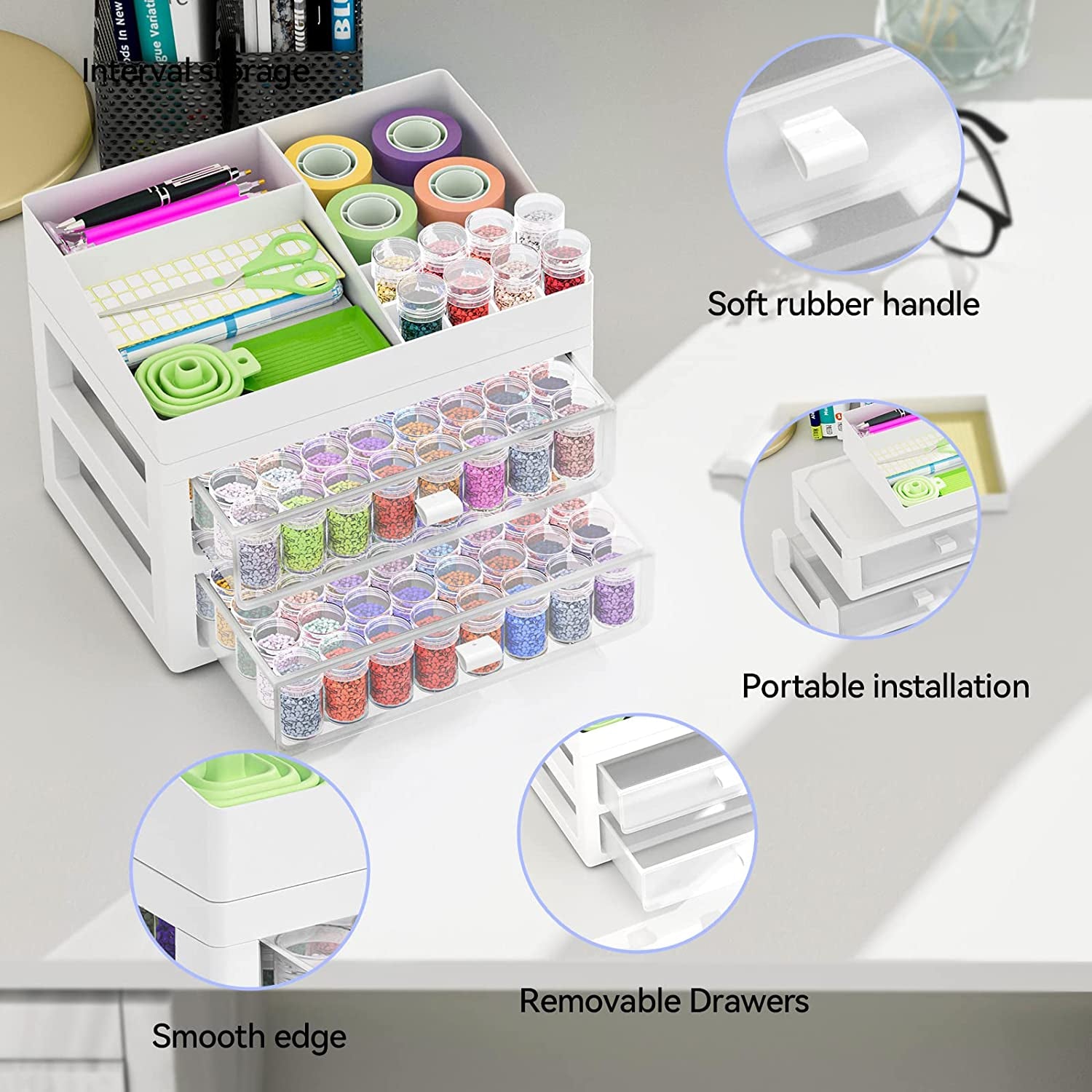 Storage Containers for Diamond Painting Accessories, 2 Drawers with 96 Slots Bead Storage Bottles and Diamond Art Accessories and Tools Rack