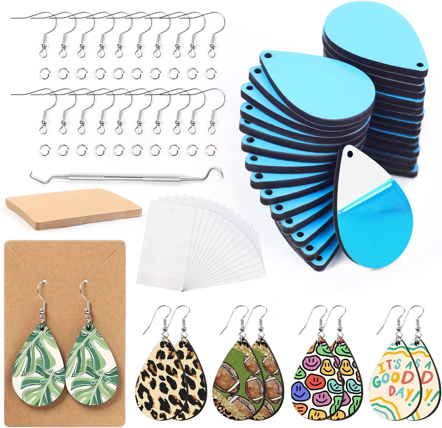 Sublimation Earring Blanks Bulk - 30 Pcs Wood Earrings Blanks with Blue Protective Film - Unfinished MDF Teardrop Earrings for Sublimation Printing with Template, Weeder, Hooks, Jump Rings
