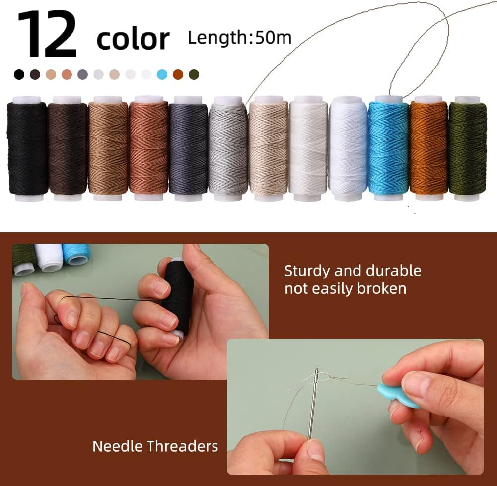 Upholstery Repair Kit, 48Pcs Leather Sewing Kit with Upholstery Thread, Sewing Awl, Seam Ripper, Needles, Thimble Leather Stitching Kit for Carseat Carpet Shoes Backpack Repair DIY Crafting