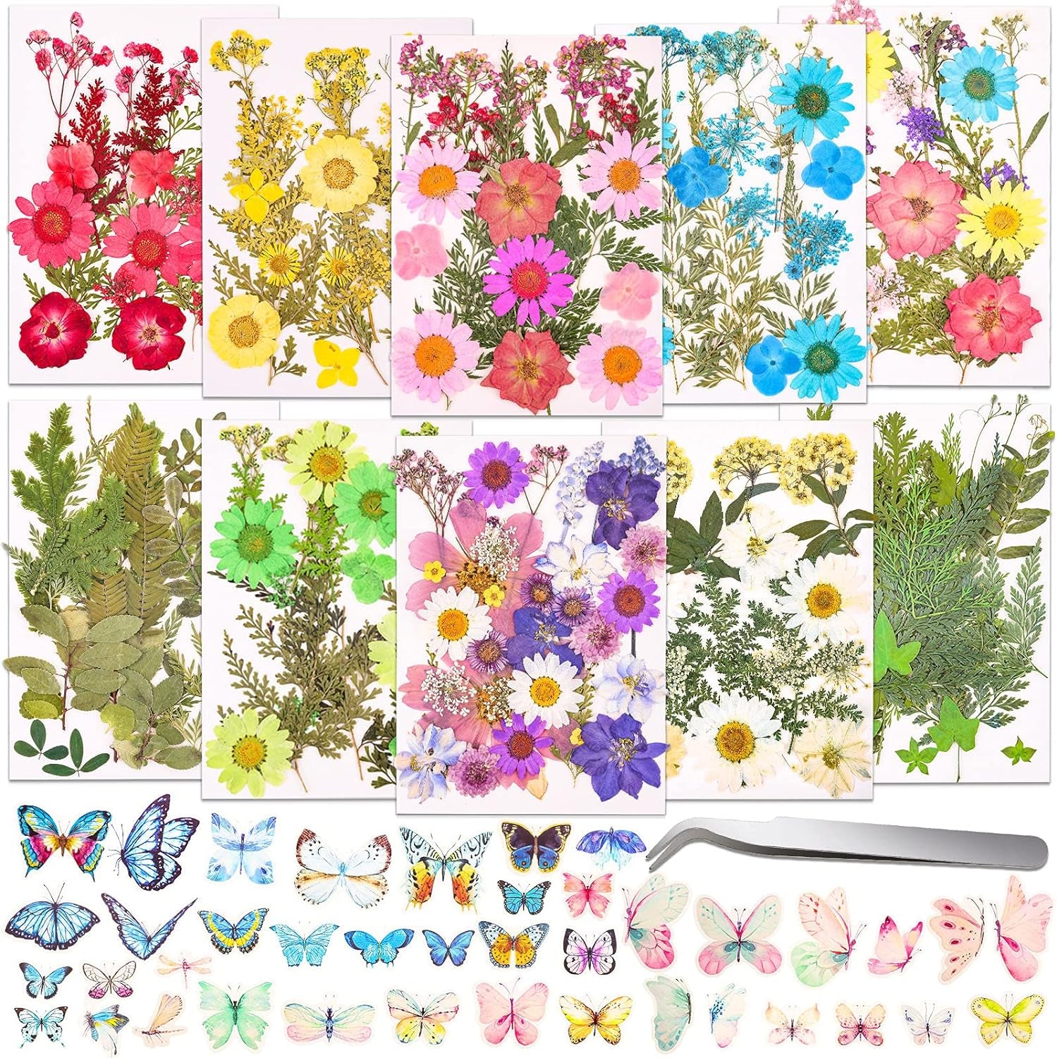 120 PCS Dried Flowers for Resin Molds, Natural Pressed Flowers Leaves Herbs Kit with Tweezers for DIY Art Crafts, Candle,Jewelry Making, Scrapbook Embellishment, Nail, Silicone Molds, Floral Decors