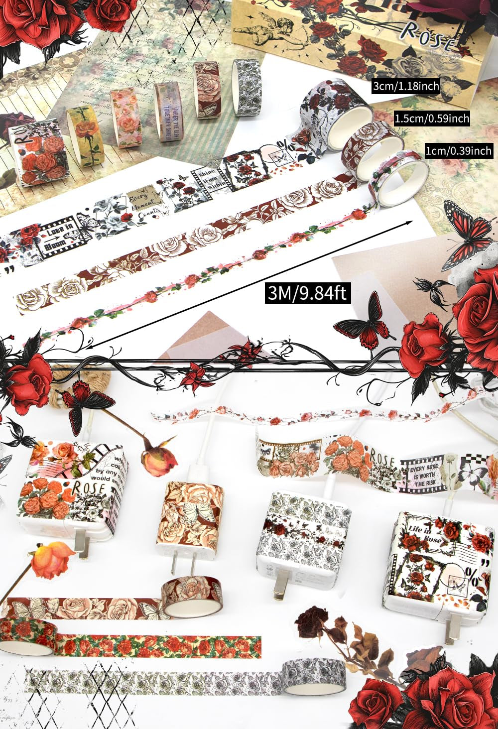 Rose Washi Tape Set, 20 Rolls Vintage Floral Washi Tapes for Journaling, Thanksgiving Flower Letter Butterfly Stickers Decorative Tapes for Crafts Supplies, Scrapbooking, Junk Journal (Love Theme)