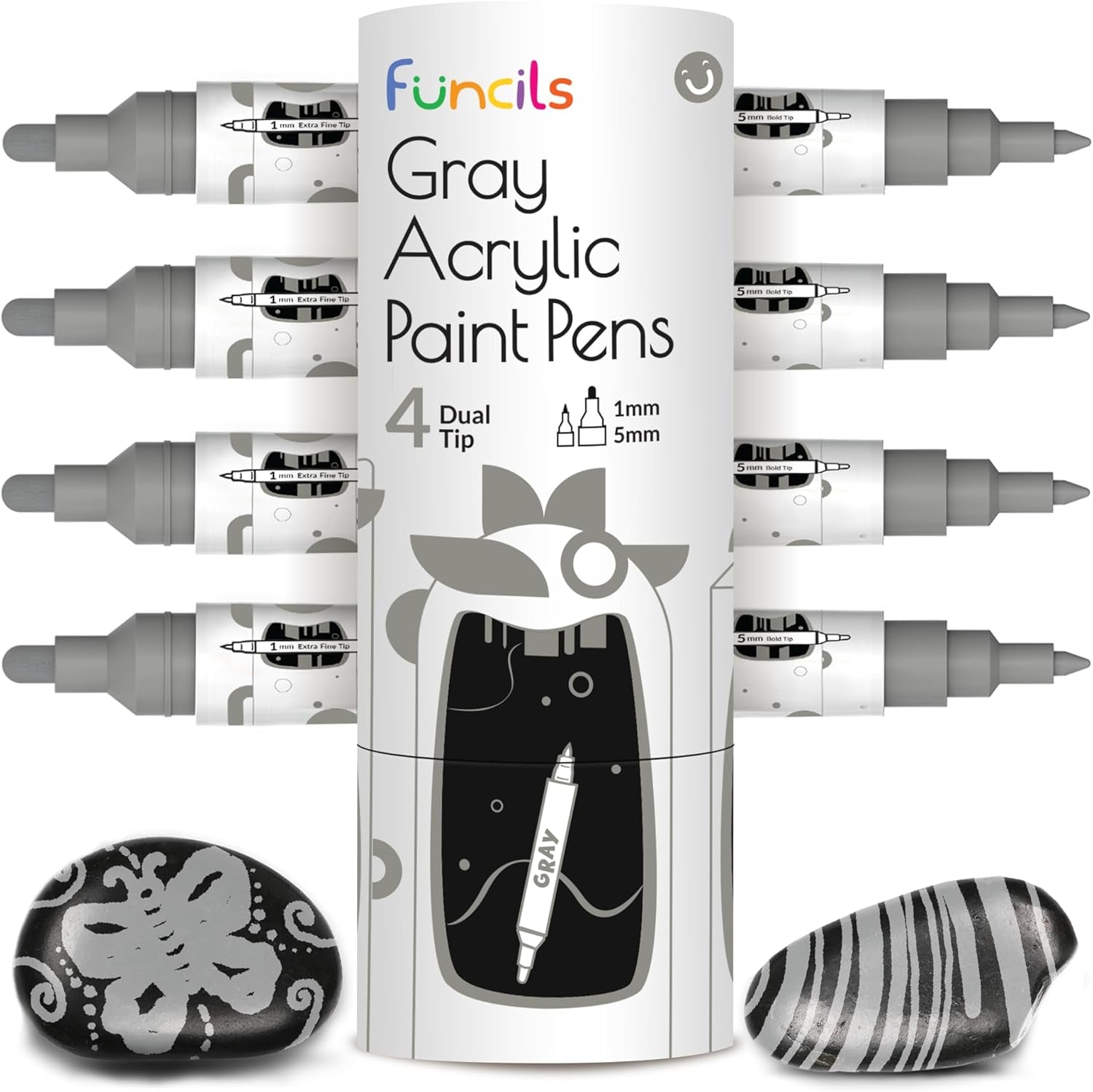 4 Dual Tip Acrylic Paint Pens - Fine Tip &amp; Medium, Permanent &amp; Waterproof - Acrylic Paint Markers for Rock Painting, Canvas, Wood, Ceramic, Glass, Fabric, Metal - White, Black, Gold &amp; Silver