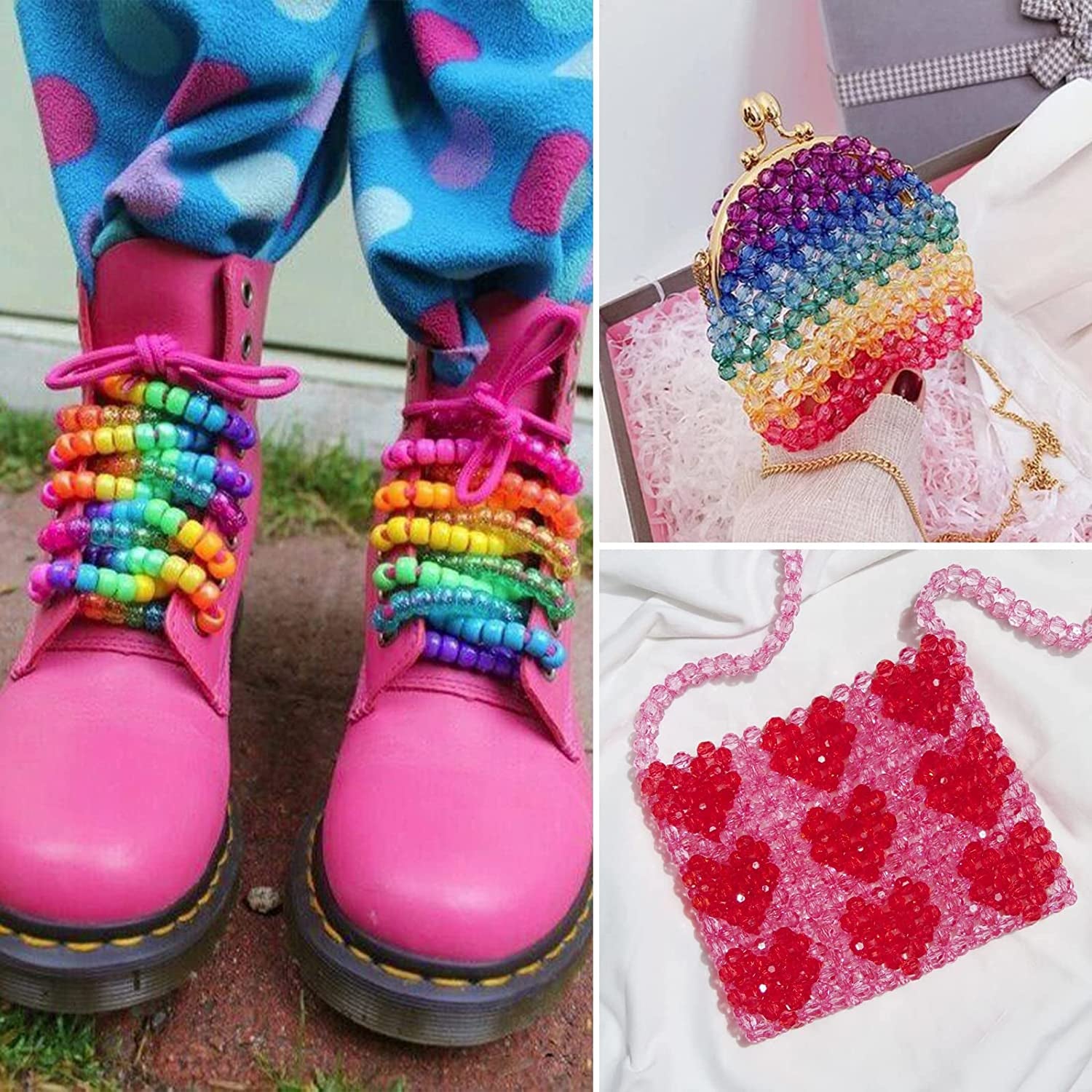 2880Pcs Pony Beads Kit, Kandi Beads for Hair, Rainbow Beads Plastic Bead for Craft 6 X 9Mm 24 Colors 4 Styles Large Hole Beads Set for Bracelets Jewelry Making