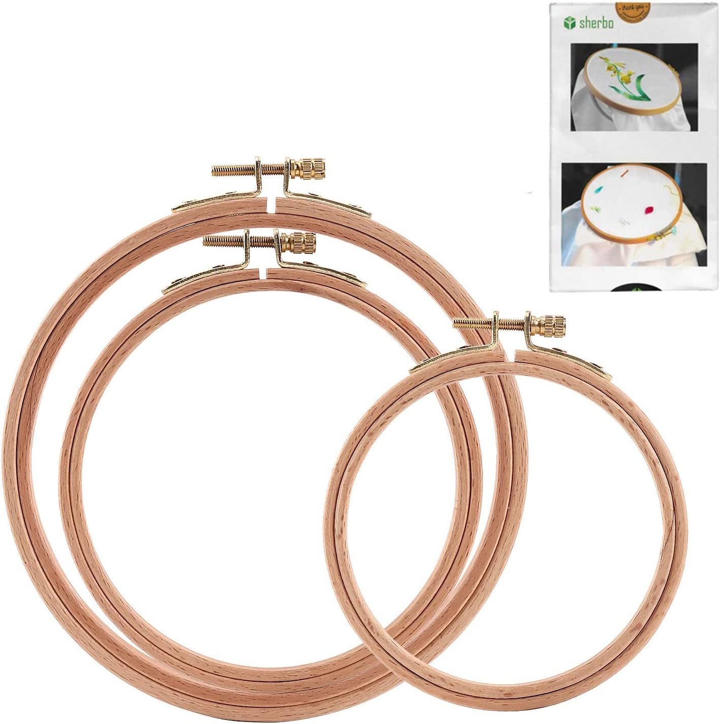 3 Pieces Beech Wood Embroidery Hoops Set by 4 Inch to 6 Inch Circle Hoop Ring Cross Stitch Cotton for DIY Embroidery Floss Starter of Sewing Art Kits Crafts