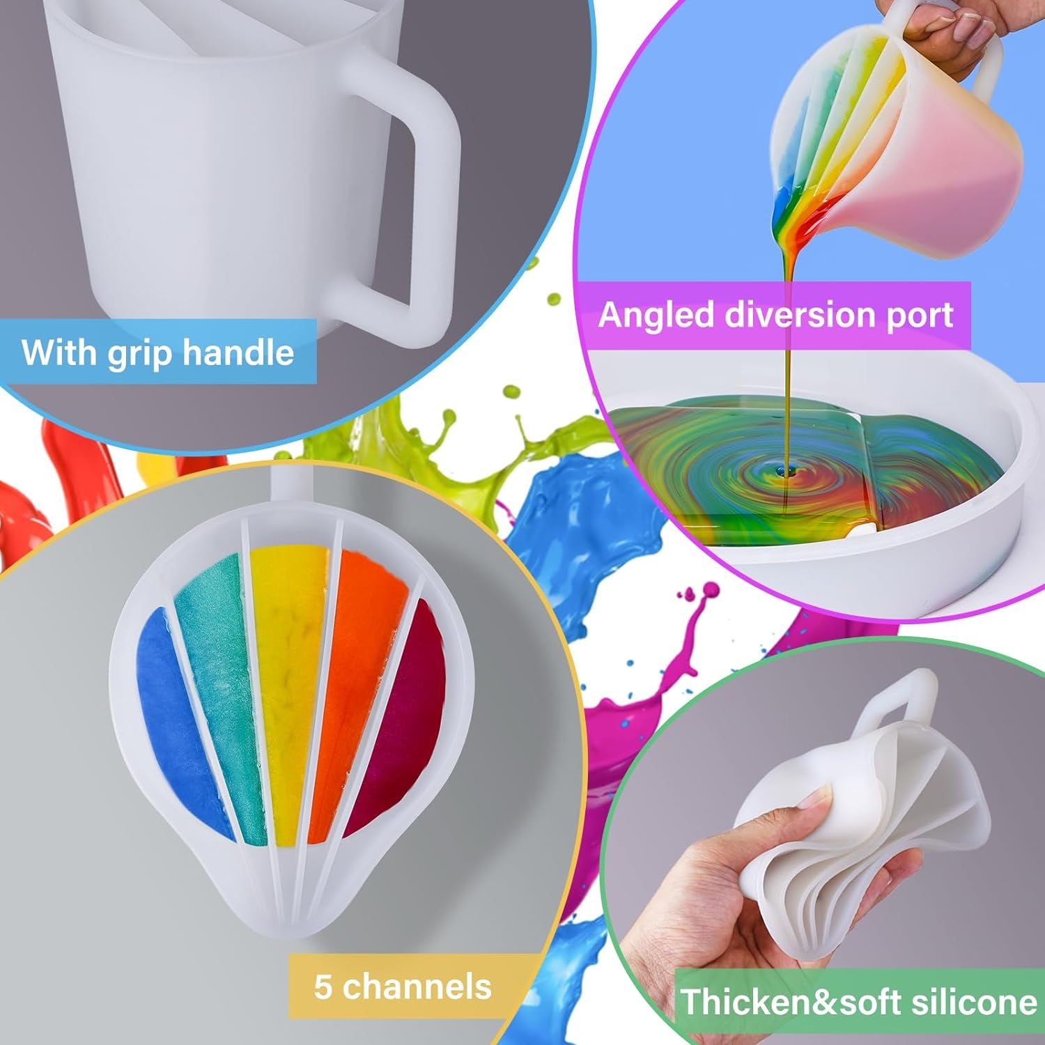 17OZ/500ML Split Cup with Handle, Thicken & Easy Clean Split Cups for Paint Pouring with 5 Channels, Silicone Reusable Fluid Art Split Cups for Acrylic Paint, Resin Molds, Epoxy Resin Art