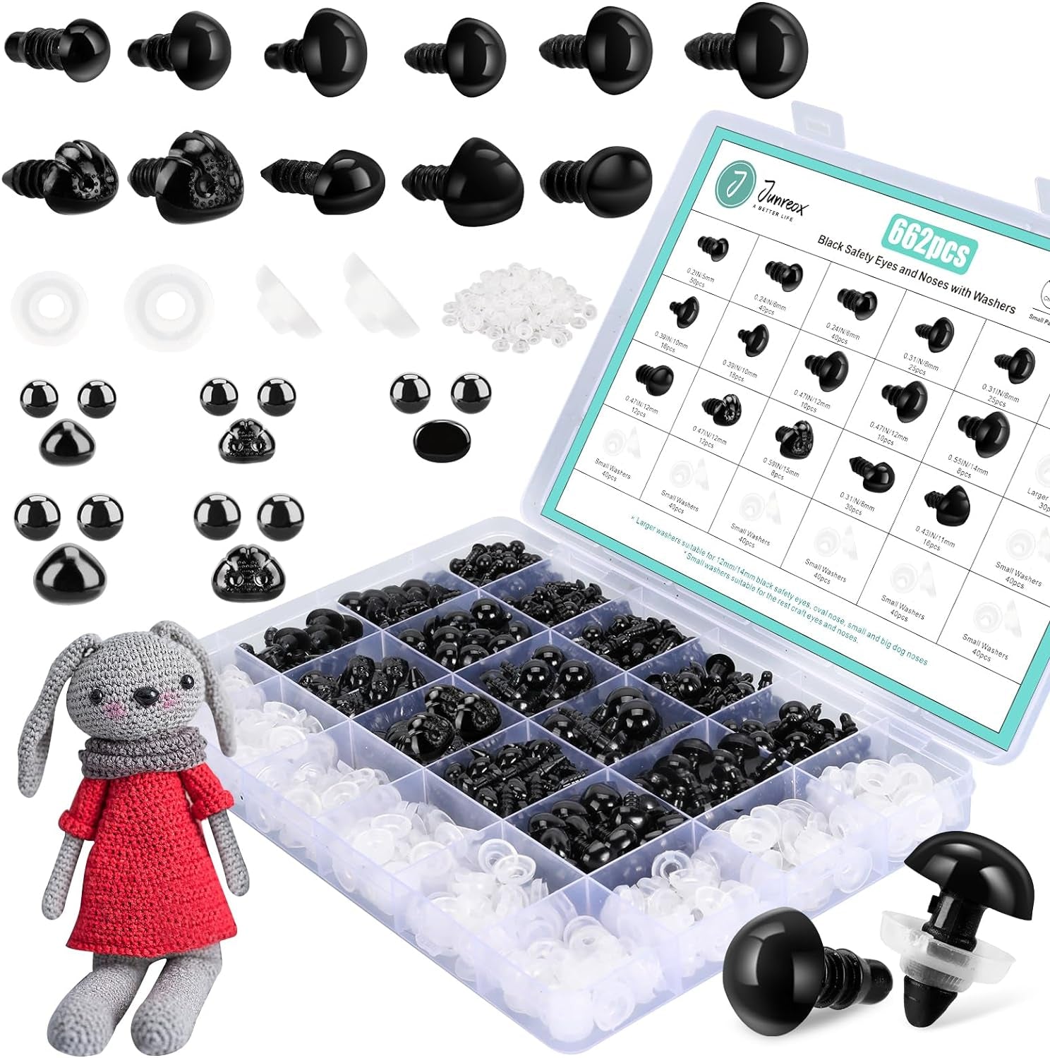 662Pcs Safety Eyes and Noses for Amigurumi,  Preimum Safety Eyes for Crochet Stuffed Animals, 5-14Mm Assorted Plastic Crochet Craft Eyes with Washers for Teddy Bear, Dolls, Plushies Toys, Black